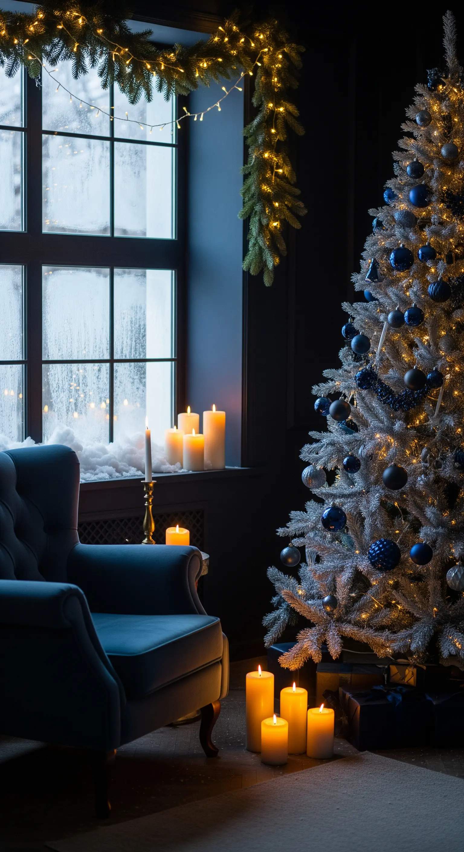 Dunkle Weihnachtsdeko, blauer Schmuck, weißer Baum, Kerzenschein