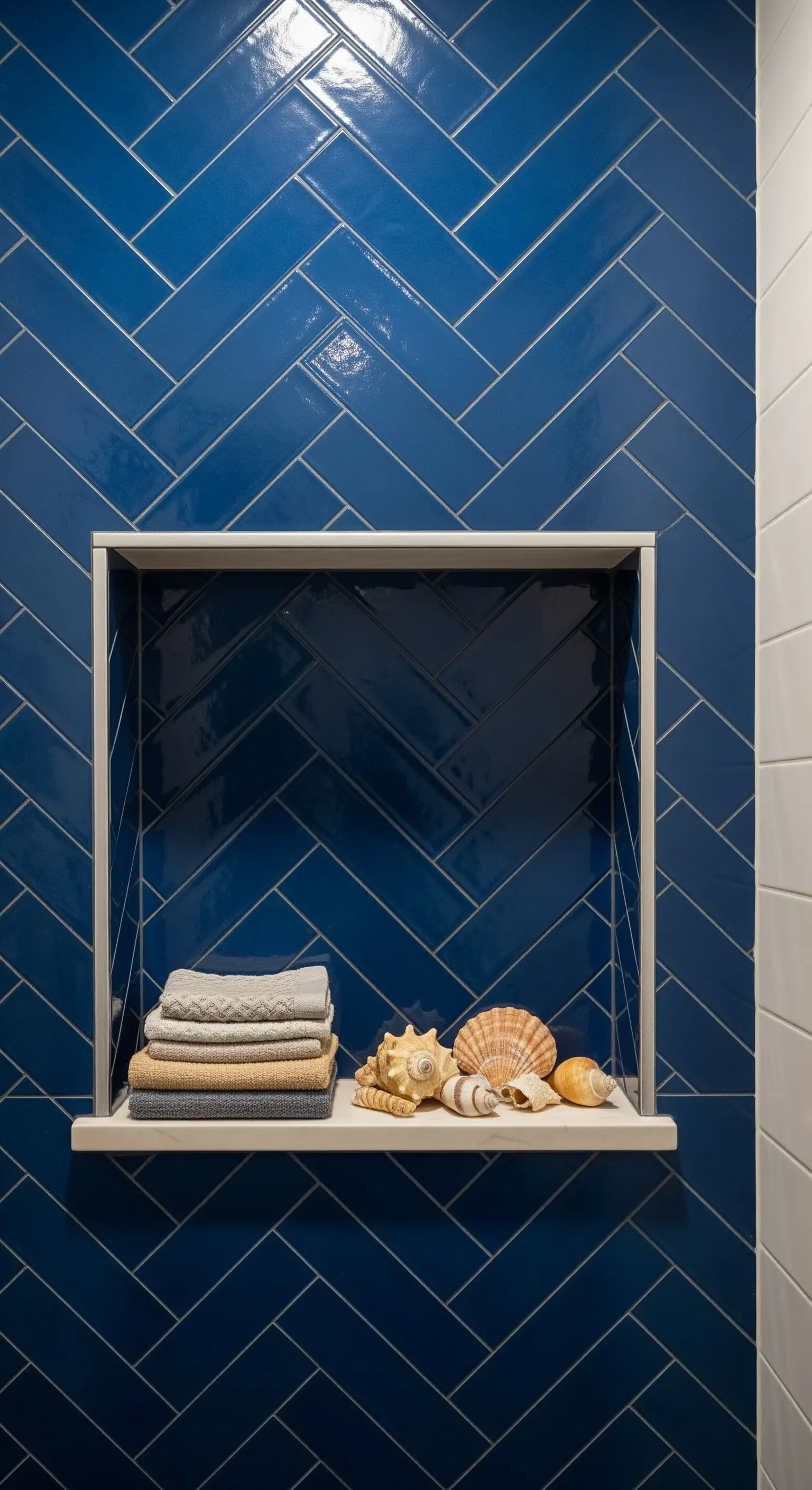 Dunkelblaue Fischgrät-Nische in der Dusche mit Handtüchern und Muscheln.