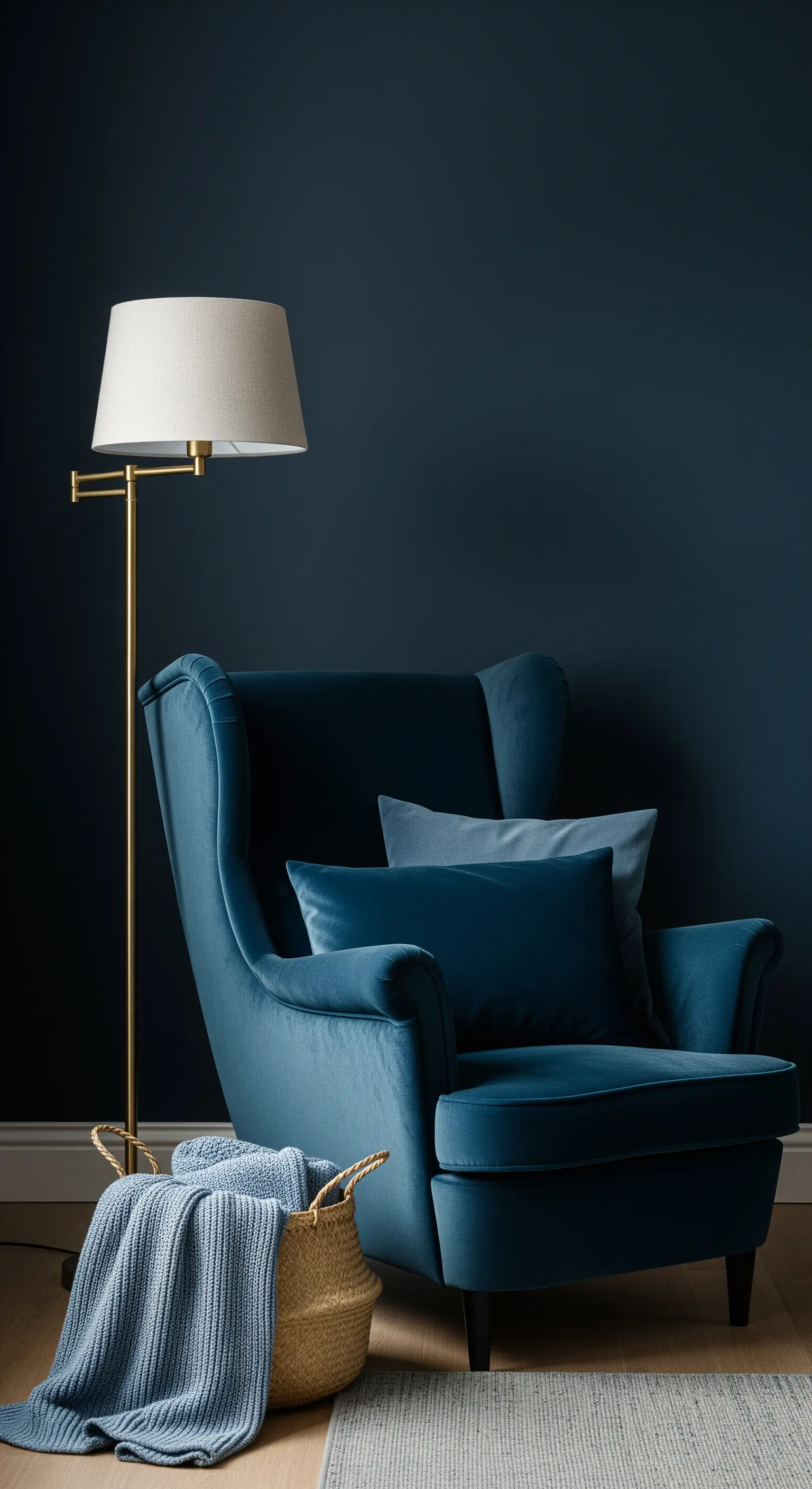 Lesezimmer mit marineblauer Wand, Samtsessel und goldener Stehlampe