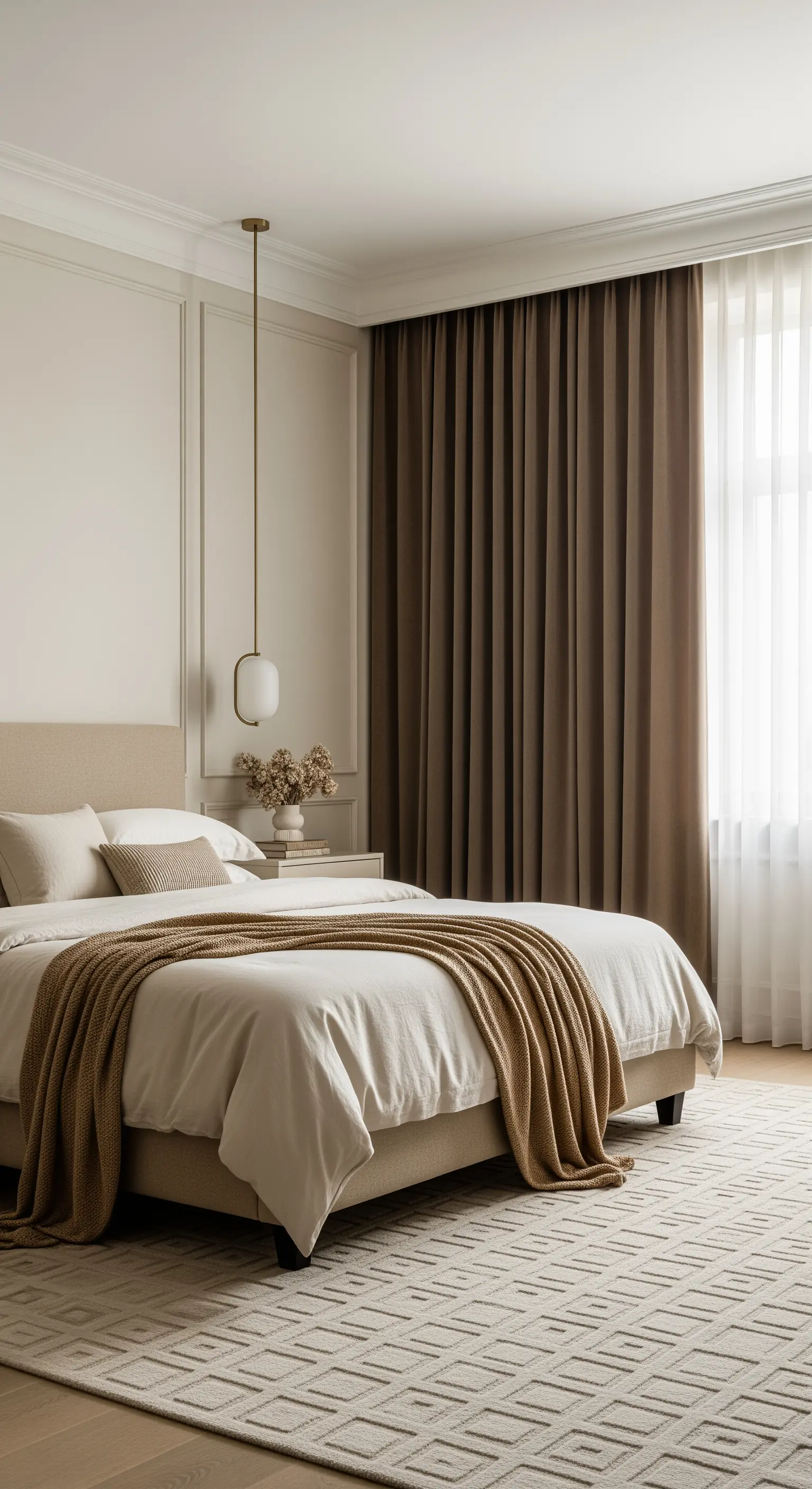 Elegantes beiges Schlafzimmer mit dunklen Vorhängen, heller Bettwäsche und gemustertem Teppich.