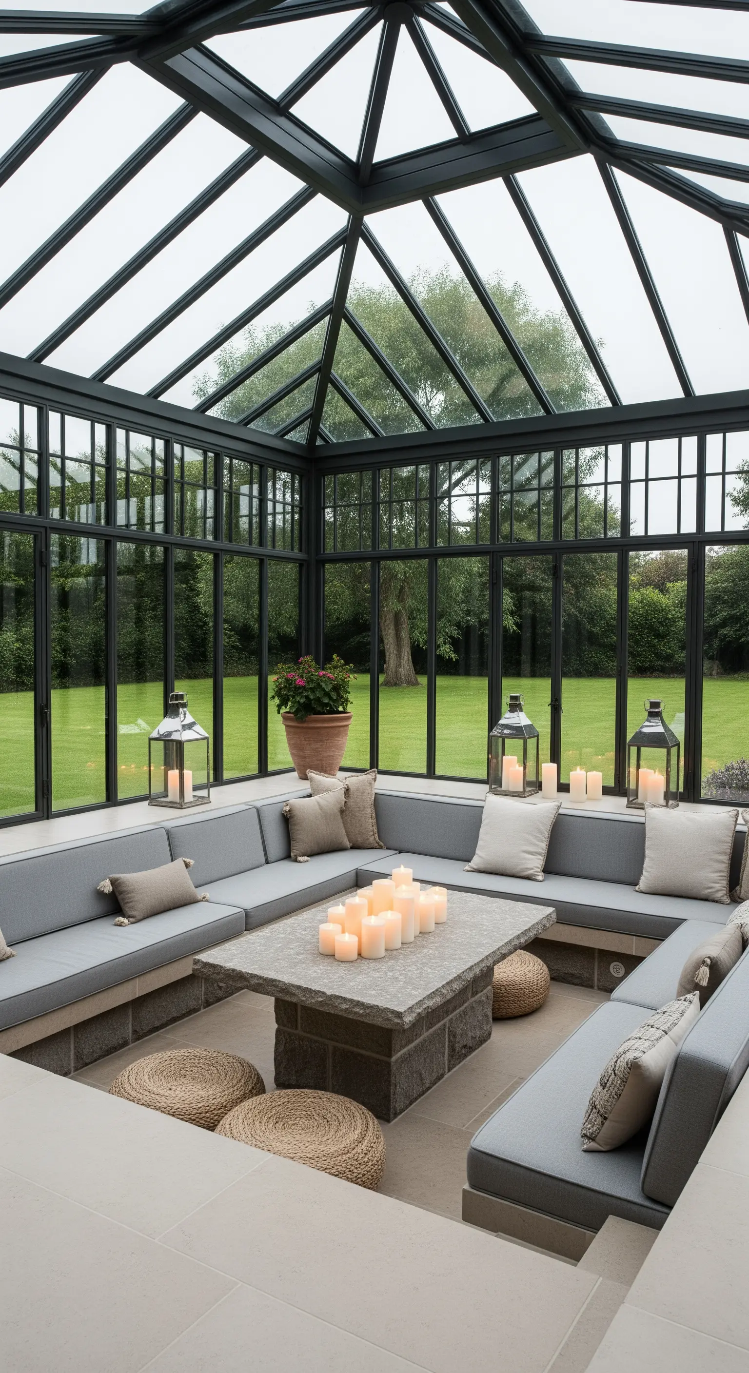 Abgesenkte Sitzecke im Wintergarten mit Steintisch und vielen Kerzen.