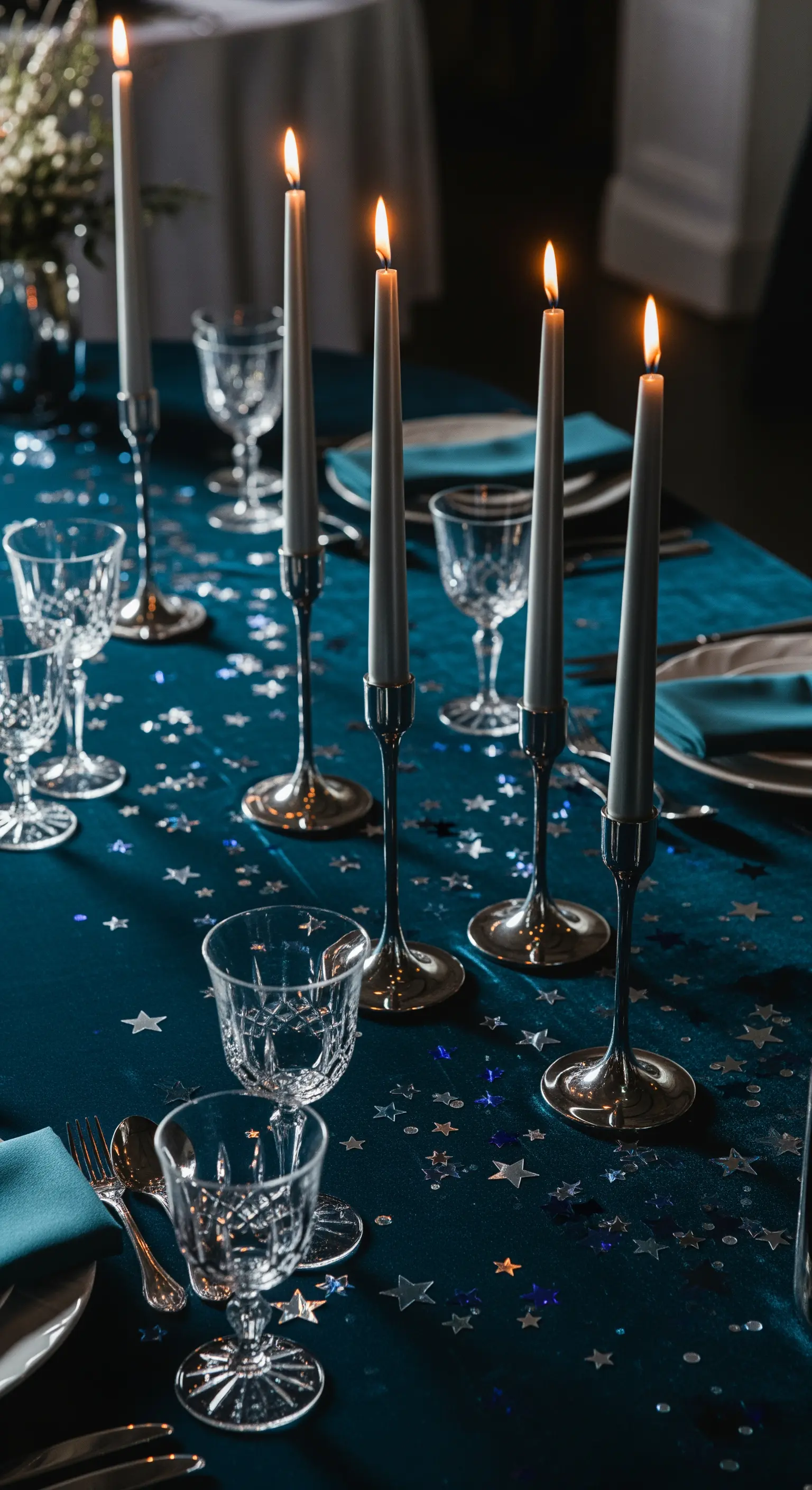 Petrolfarbener Tisch mit silbernen Kerzenständern, grauen Kerzen und silbernem Sternenkonfetti.