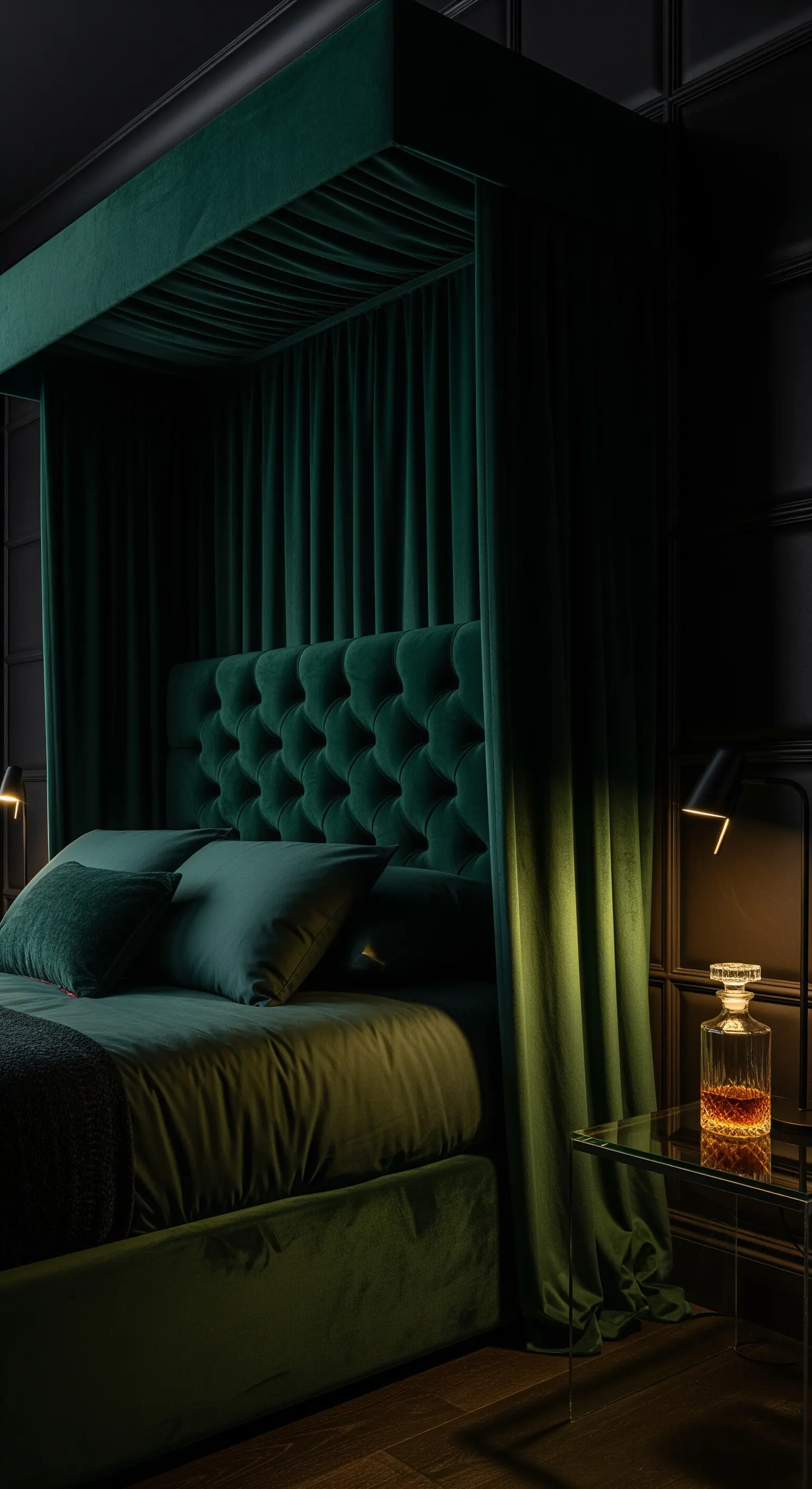 Dunkelgrünes Samt-Himmelbett, Glas-Nachttisch, intime Beleuchtung, Dark Luxury