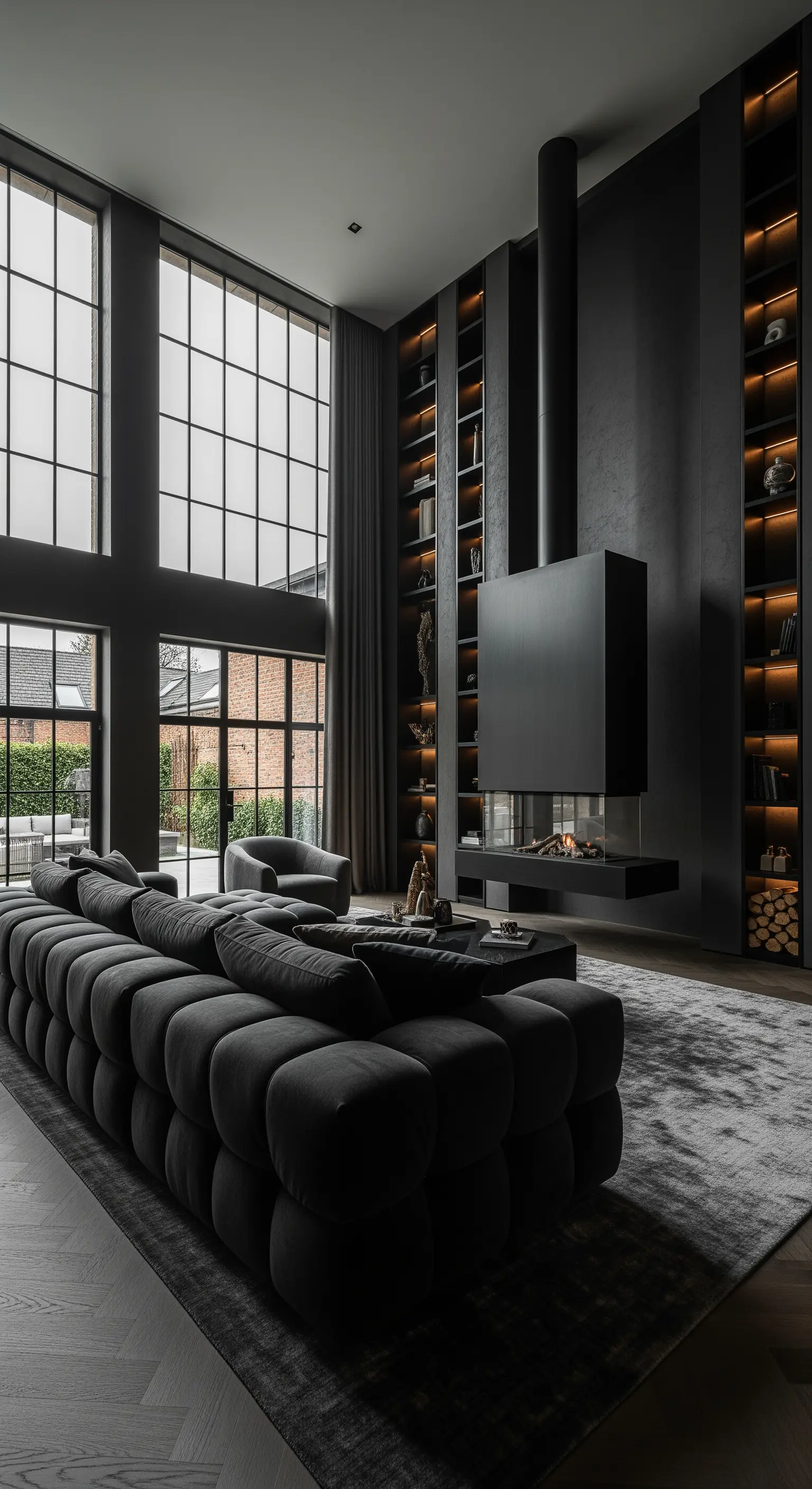 Moderne Wohnlandschaft mit luxuriöser Gaskaminintegration und indirekter Beleuchtung