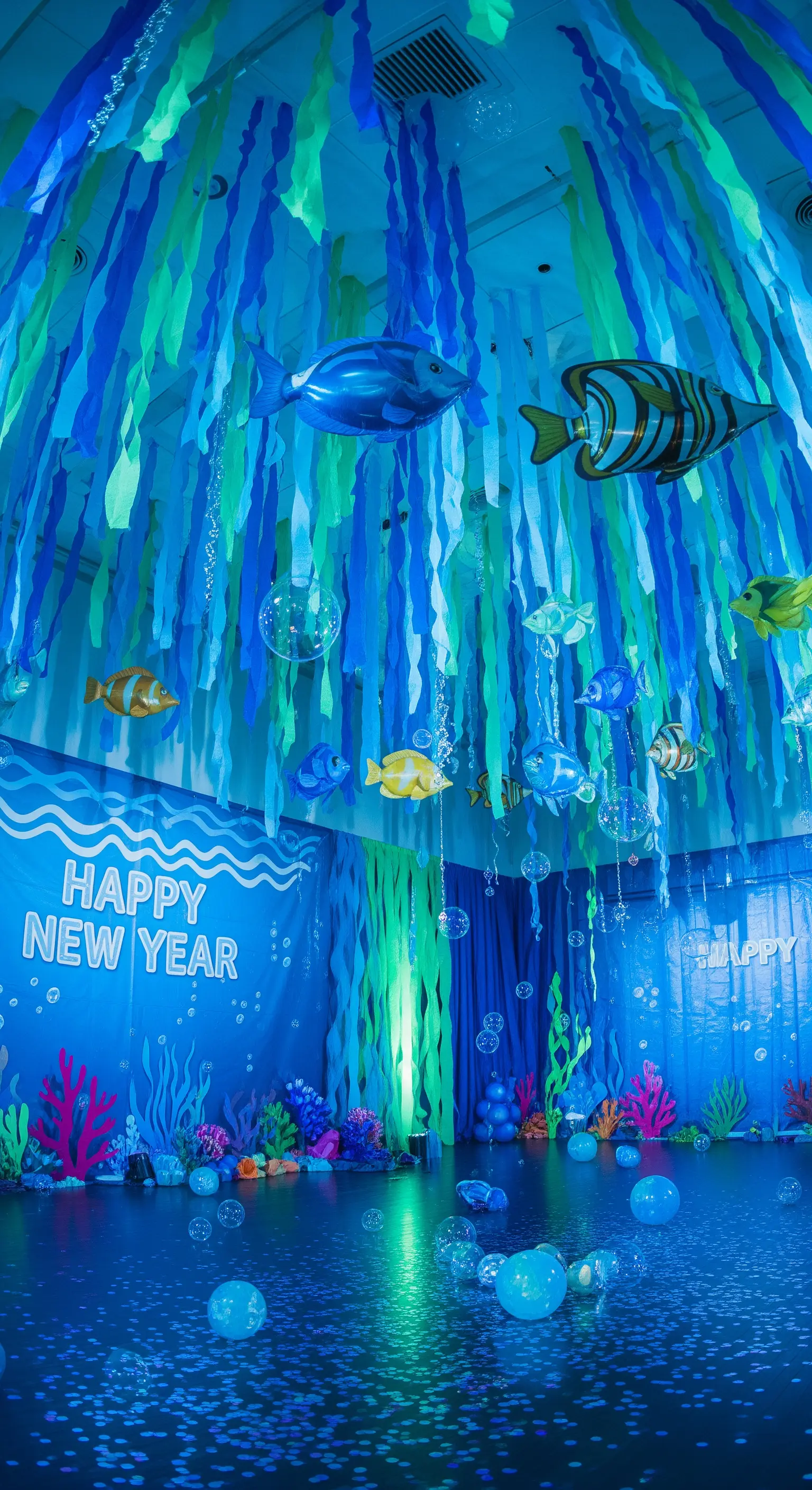Unterwasser-Partyraum mit blauen Streamern, Fisch-Deko und 'Happy New Year' Schild.