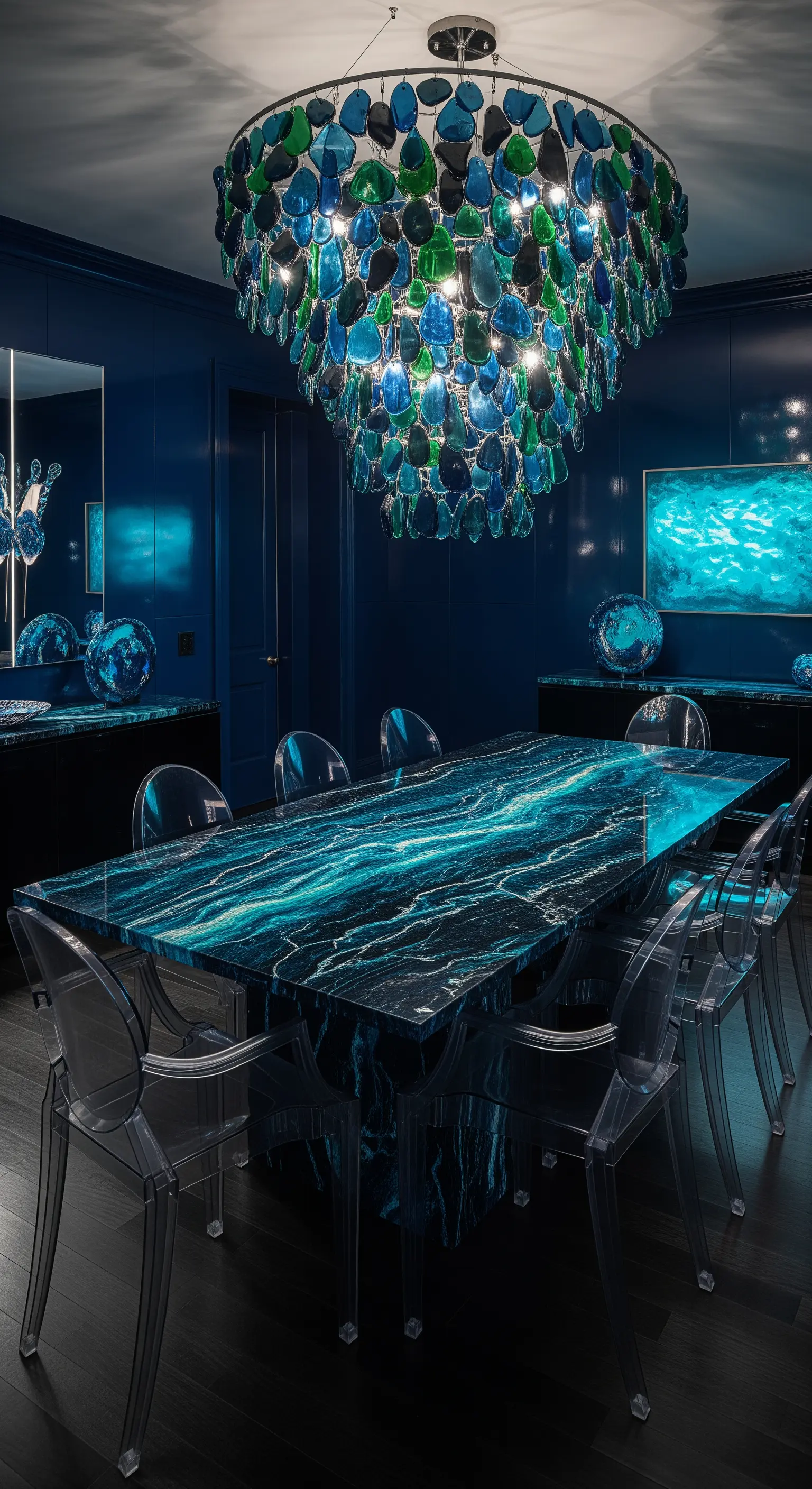 Esszimmer in Blautönen mit einem Tisch in Achat-Optik und passendem Kronleuchter.