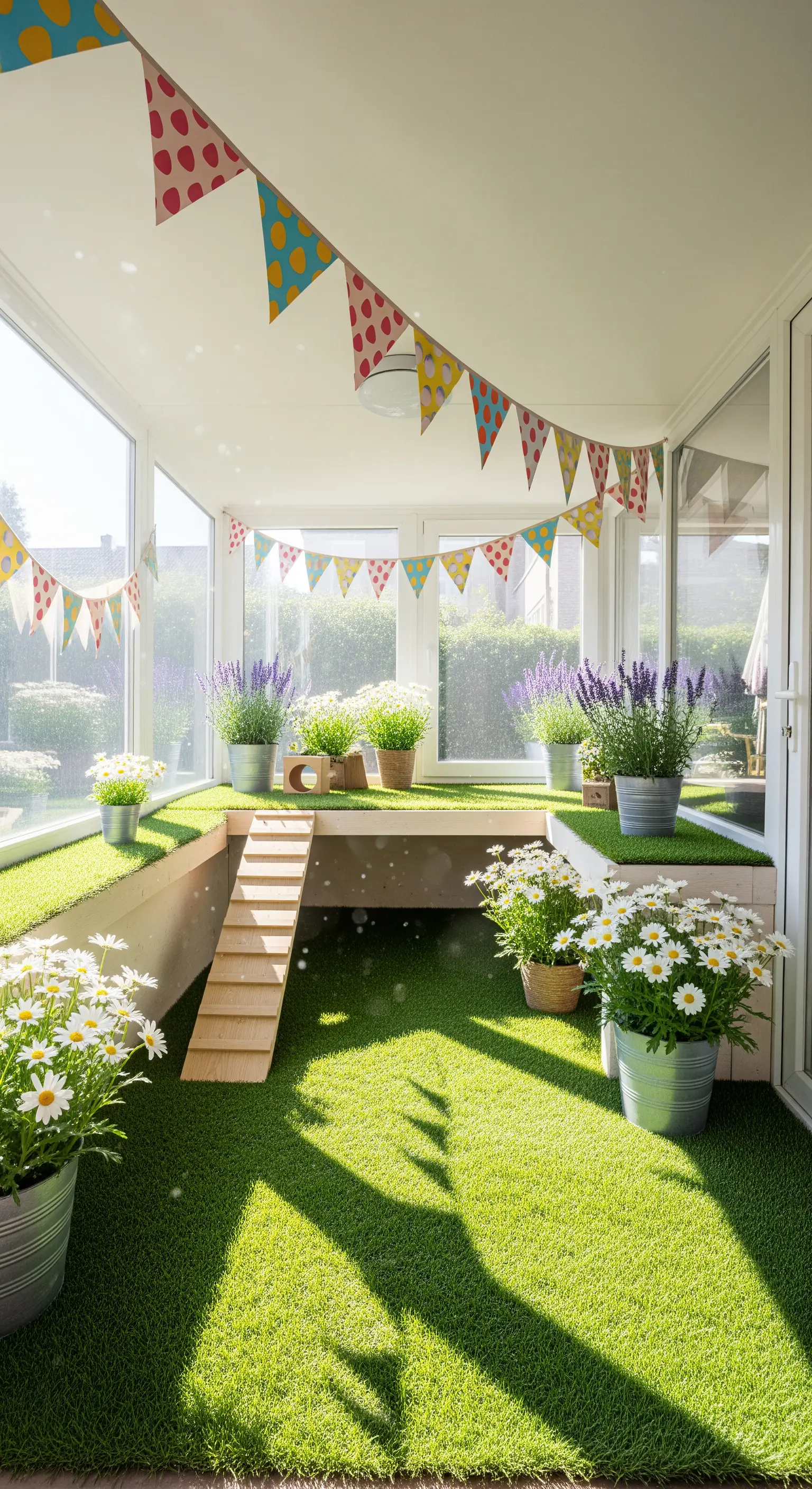 Indoor pet space with artificial grass, plants, and colorful bunting.