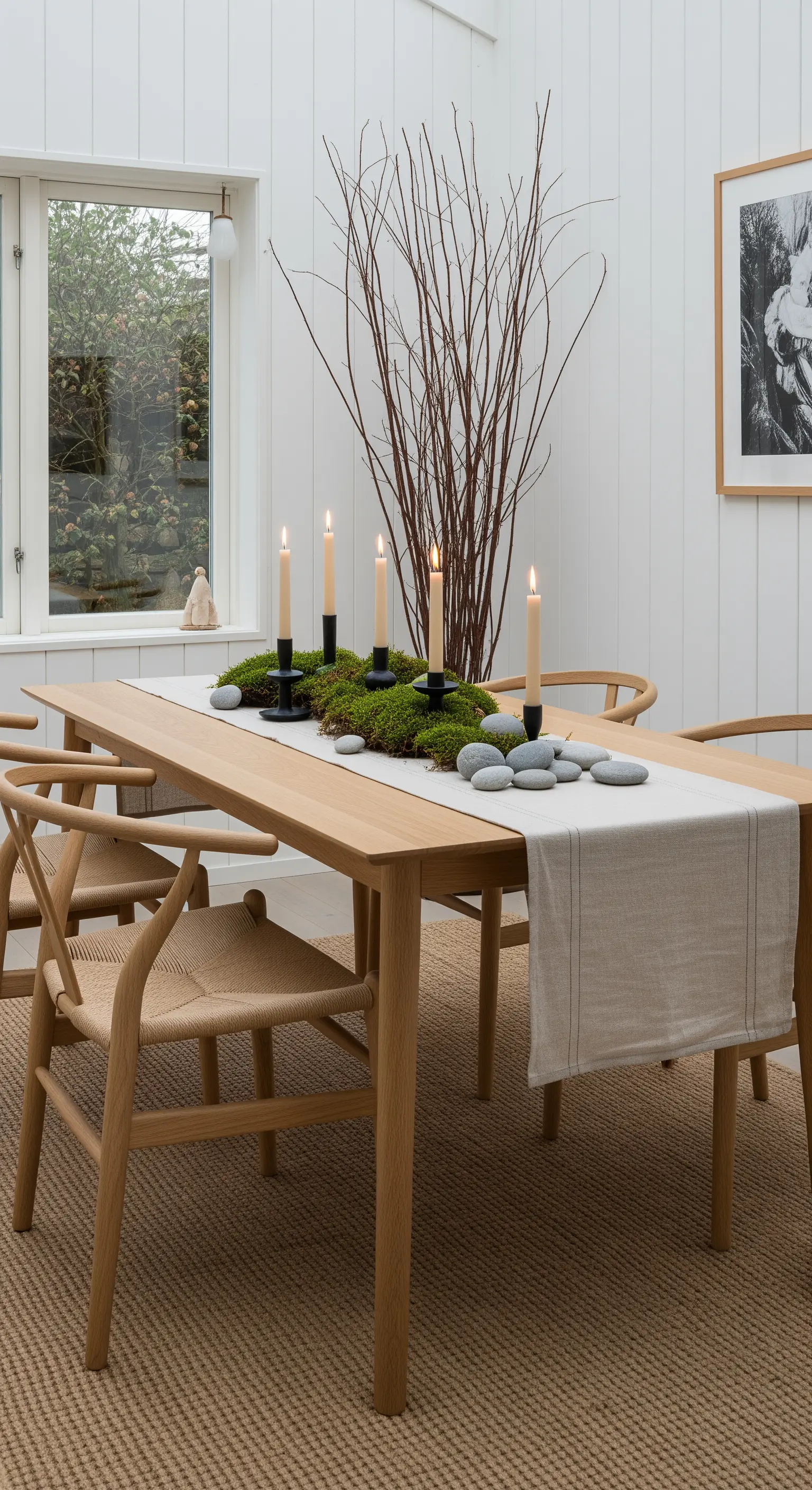 Japandi Tischdeko mit Moos, Steinen und Stabkerzen auf einem Holztisch.