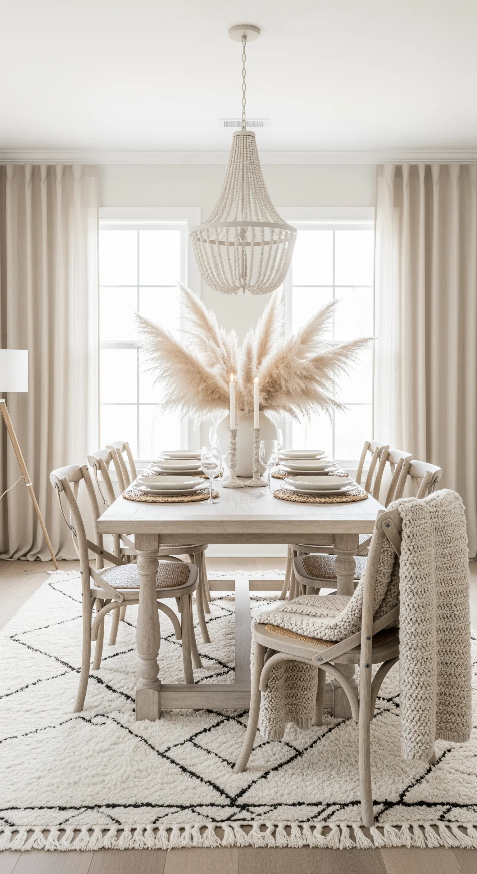 Helles, neutrales Esszimmer mit großem Pampasgras-Gesteck in einer weißen Vase.