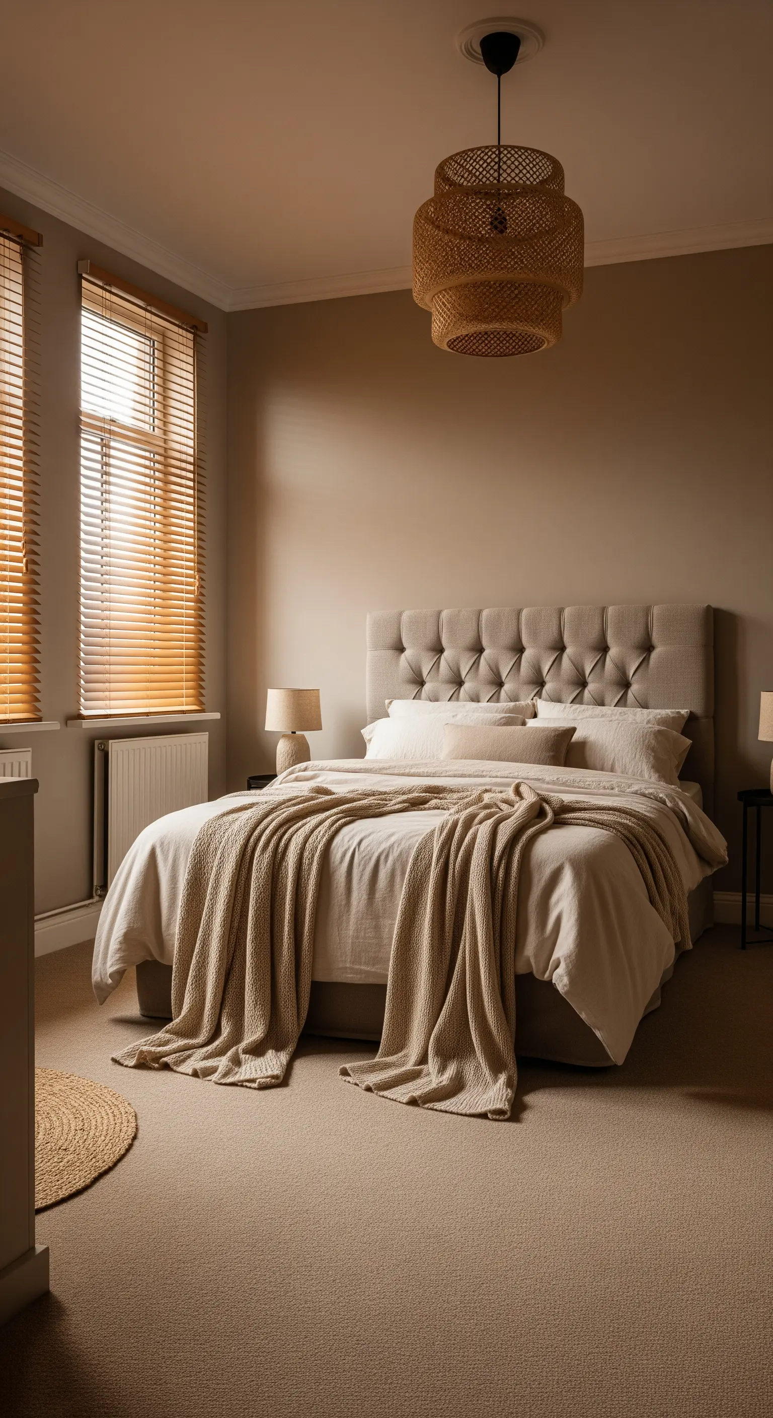 Beiges Schlafzimmer mit verschiedenen Texturen wie Strickdecke, Leinen und Jute.