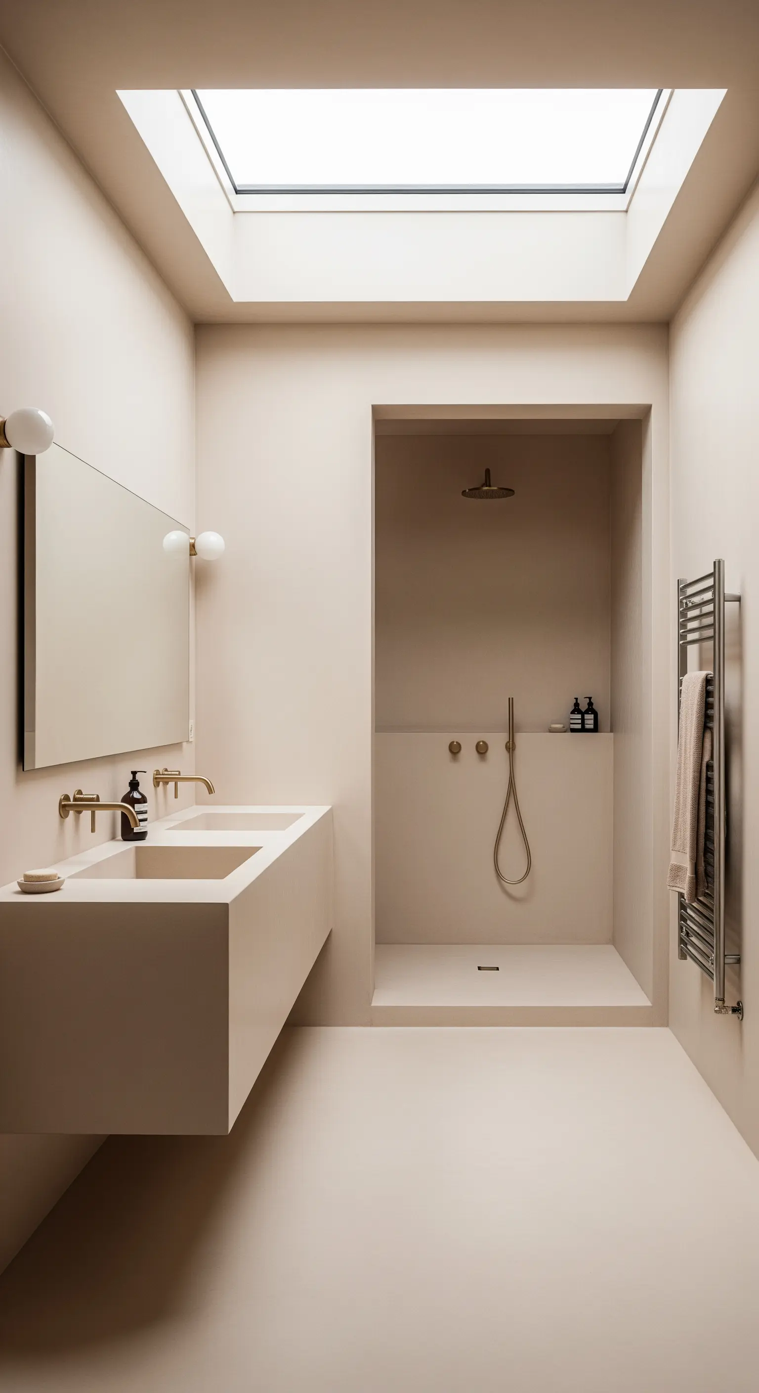 Monochromes Badezimmer in Beigetönen mit fugenloser Duschnische und goldenen Armaturen.