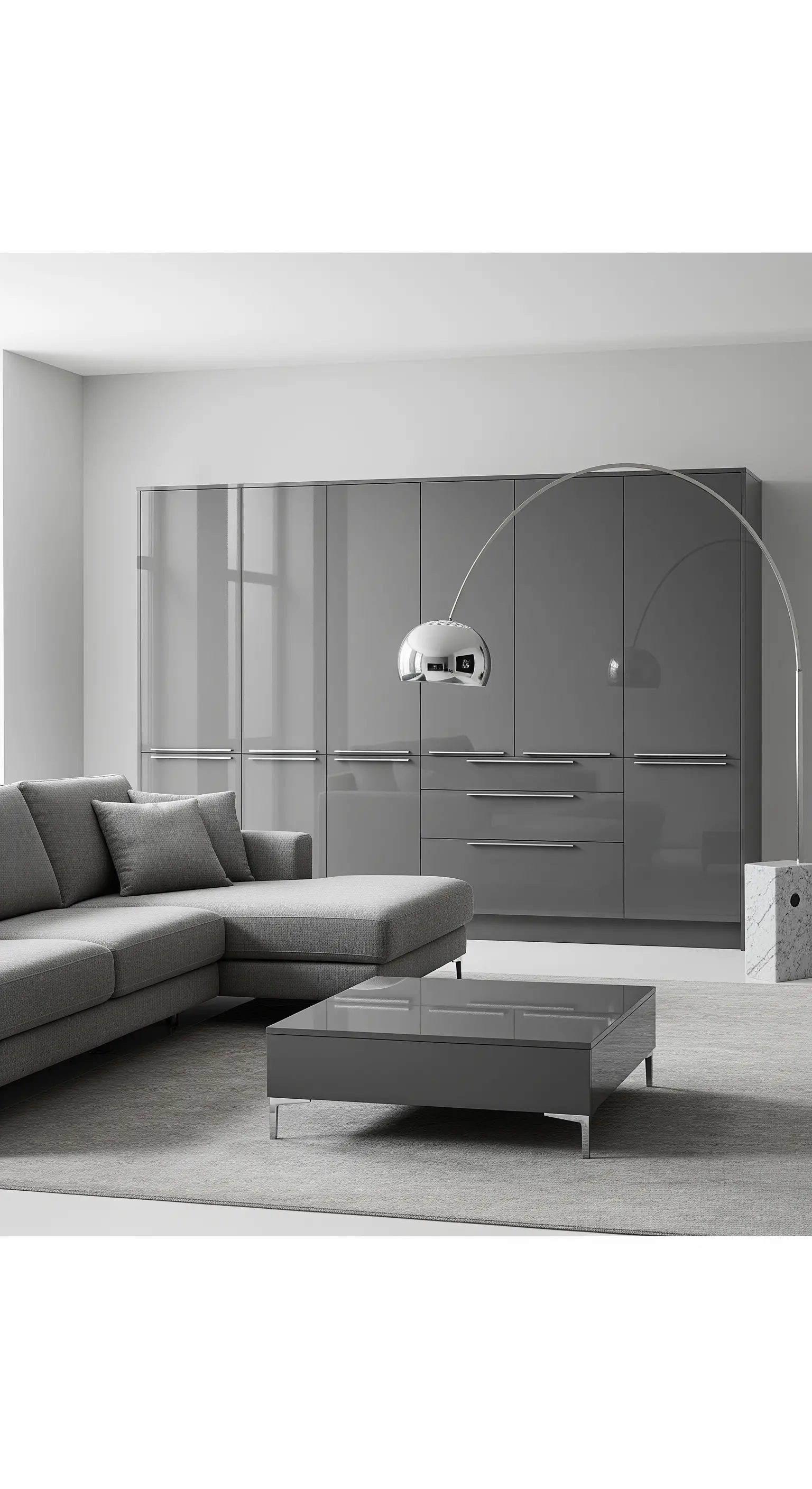 Monochromes graues Wohnzimmer mit einer großen Hochglanz-Schrankwand und einer markanten Bogenlampe.