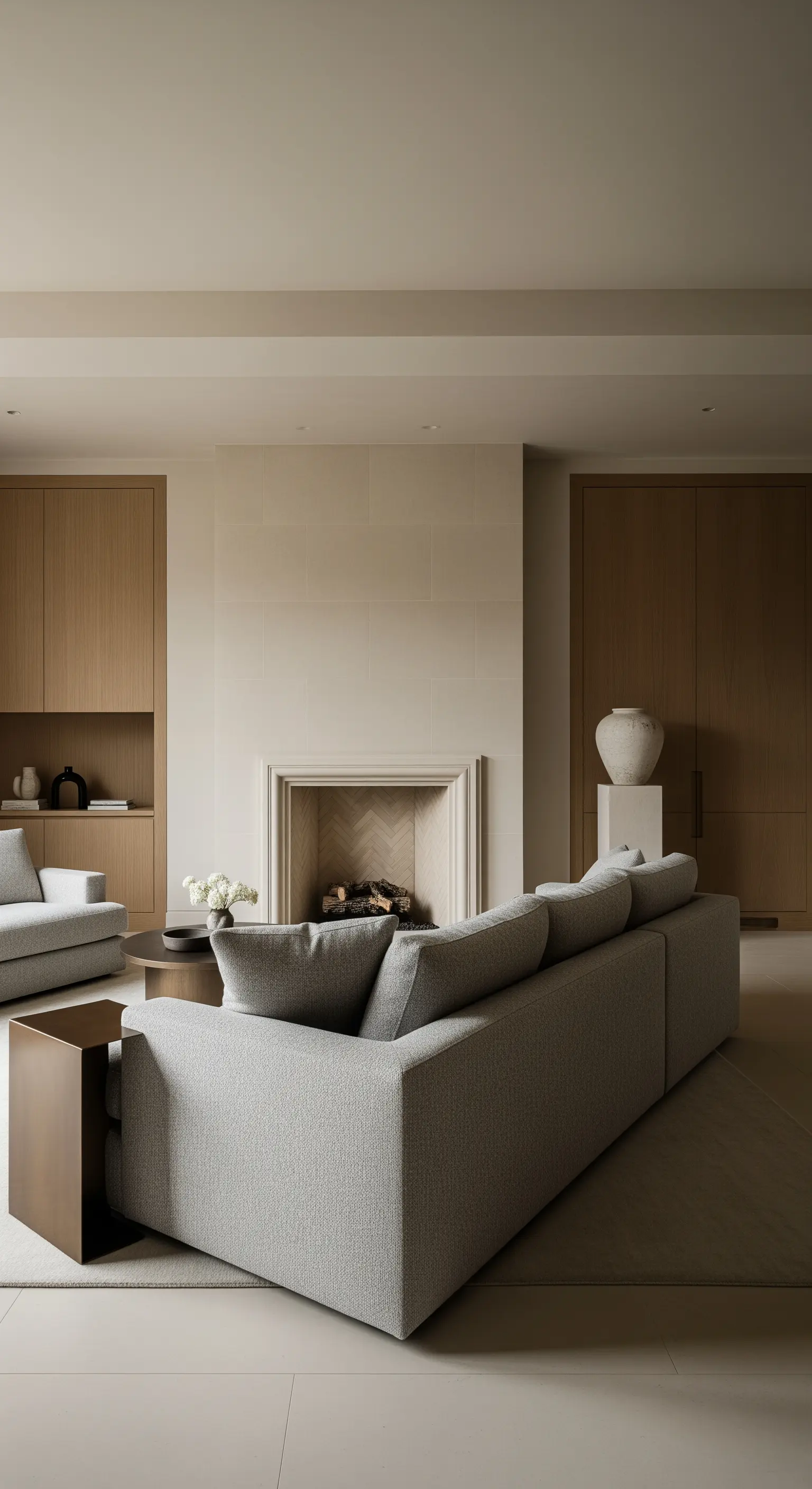 Hellgraues Sofa in einem minimalistischen, beigefarbenen Wohnzimmer mit integriertem Kamin und Holzschränken.