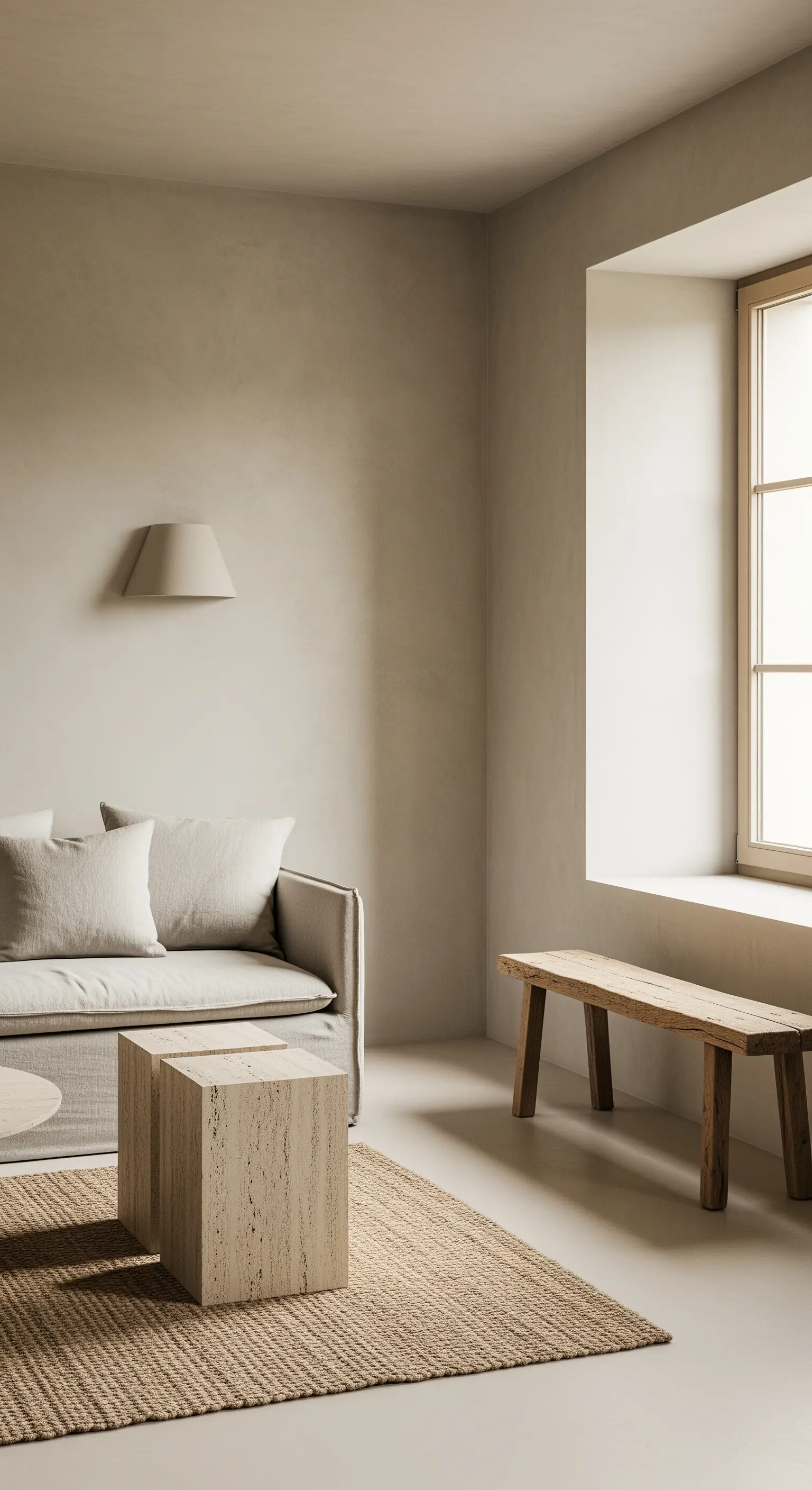 Beiges, minimalistisches Wohnzimmer mit Travertin-Tisch, Jute-Teppich und Leinensofa.