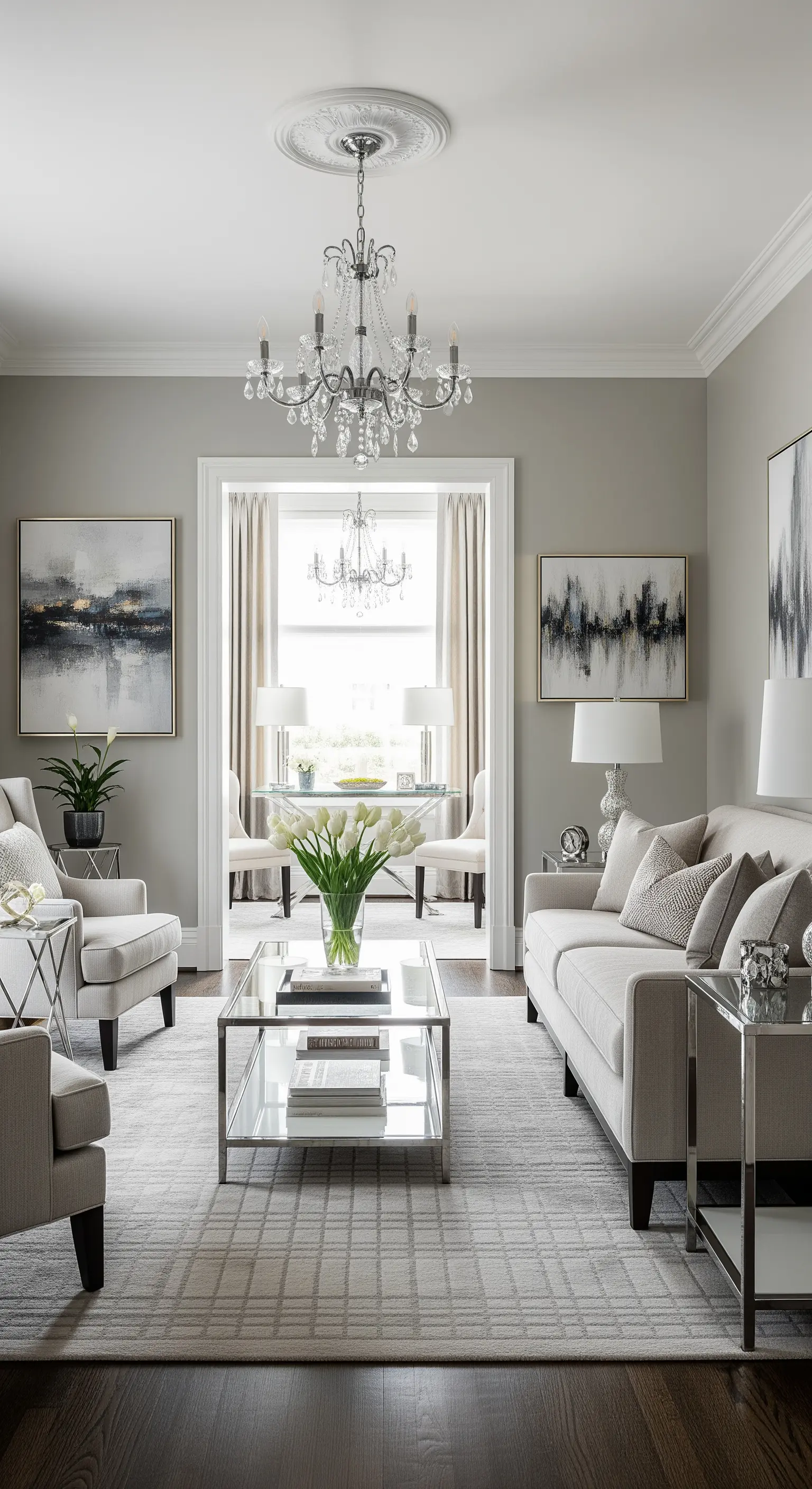 Elegantes Wohnzimmer in Grautönen mit symmetrischer Anordnung und Kristallkronleuchter.