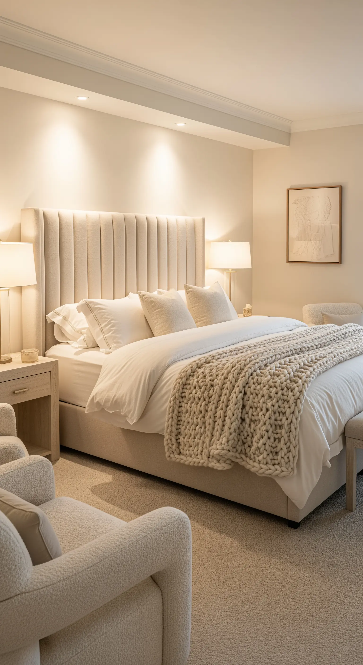 Elegantes, cremefarbenes Schlafzimmer mit hohem Stoffkopfteil und verschiedenen Texturen.