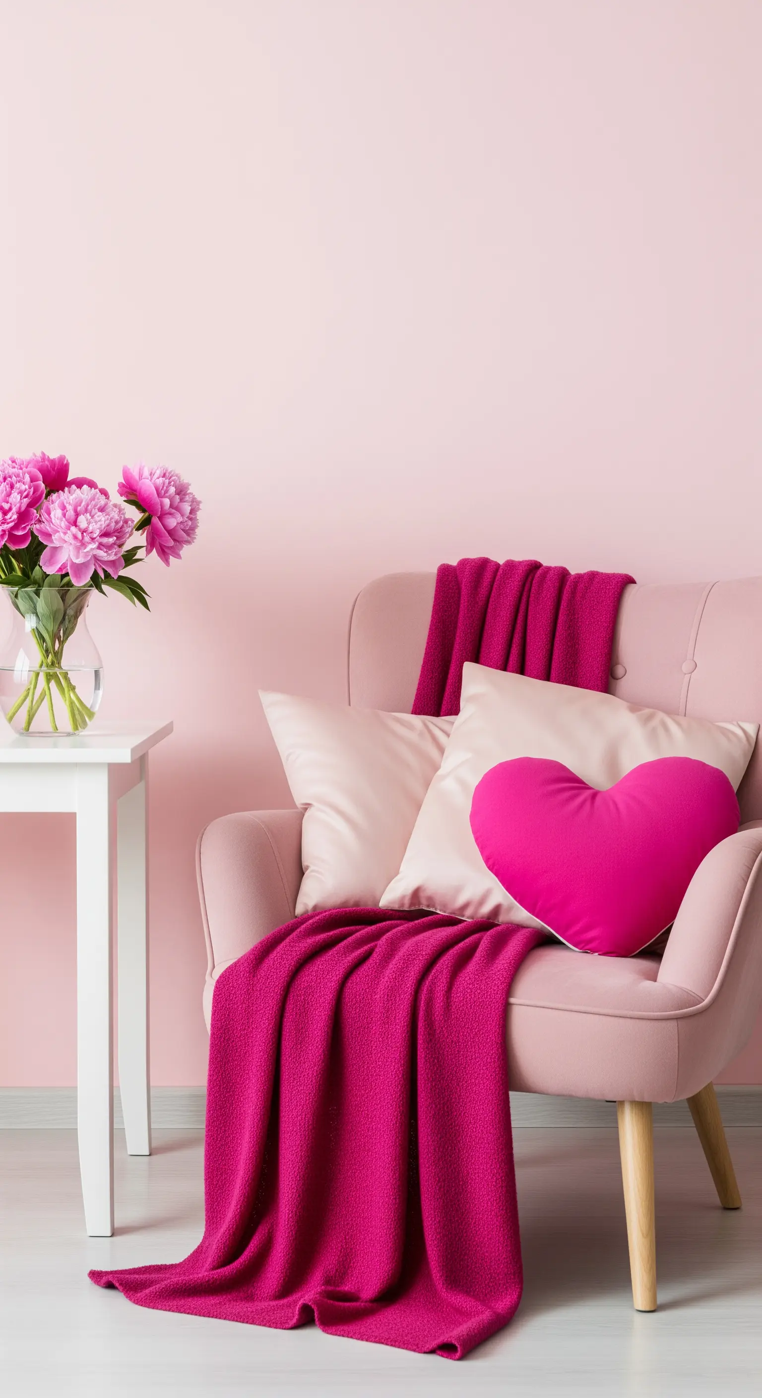 Rosa Sessel vor einer rosa Wand, dekoriert mit einer Decke und Kissen in Magenta.