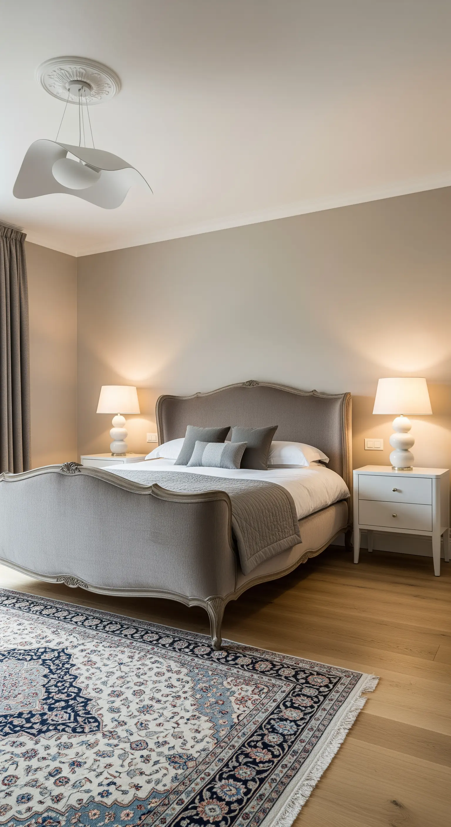 Klassisches Bett mit beigefarbenem Samtbezug in einem ruhigen, tonalen Schlafzimmer.