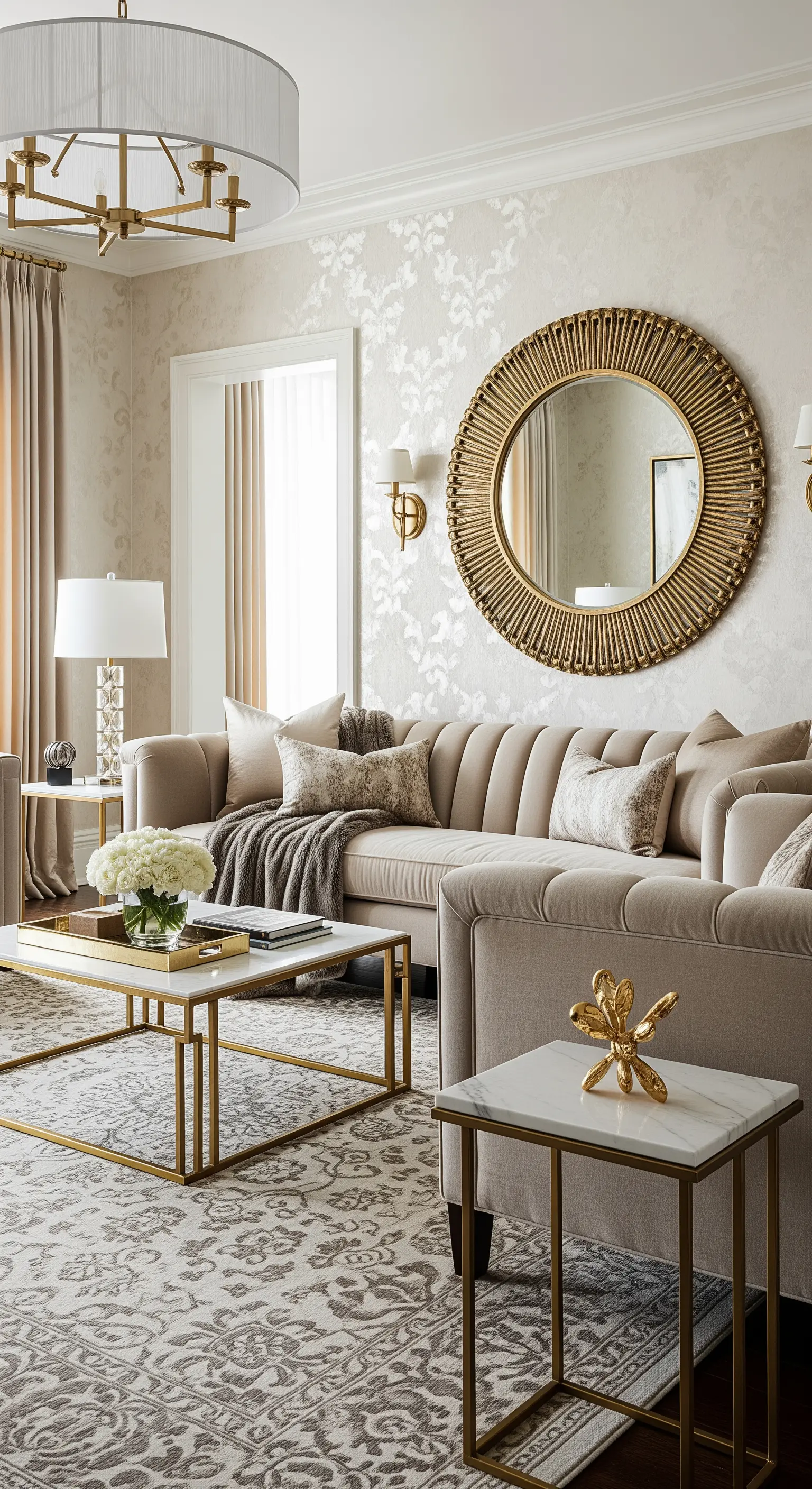 Elegantes Wohnzimmer in Beigetönen mit gemustertem Teppich und goldenem Spiegel.