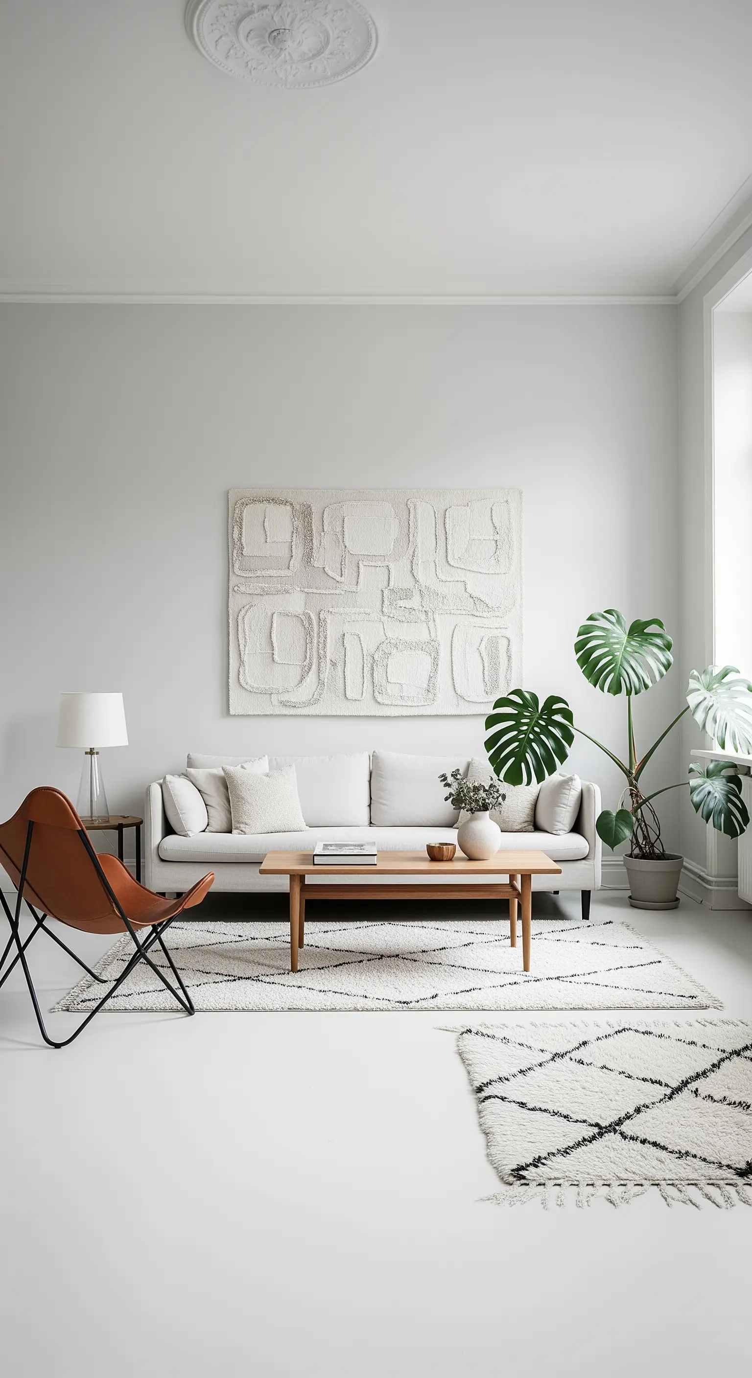 Minimalistisches Wohnzimmer in Weiß- und Grautönen mit texturiertem Wandbild und Ledersessel.