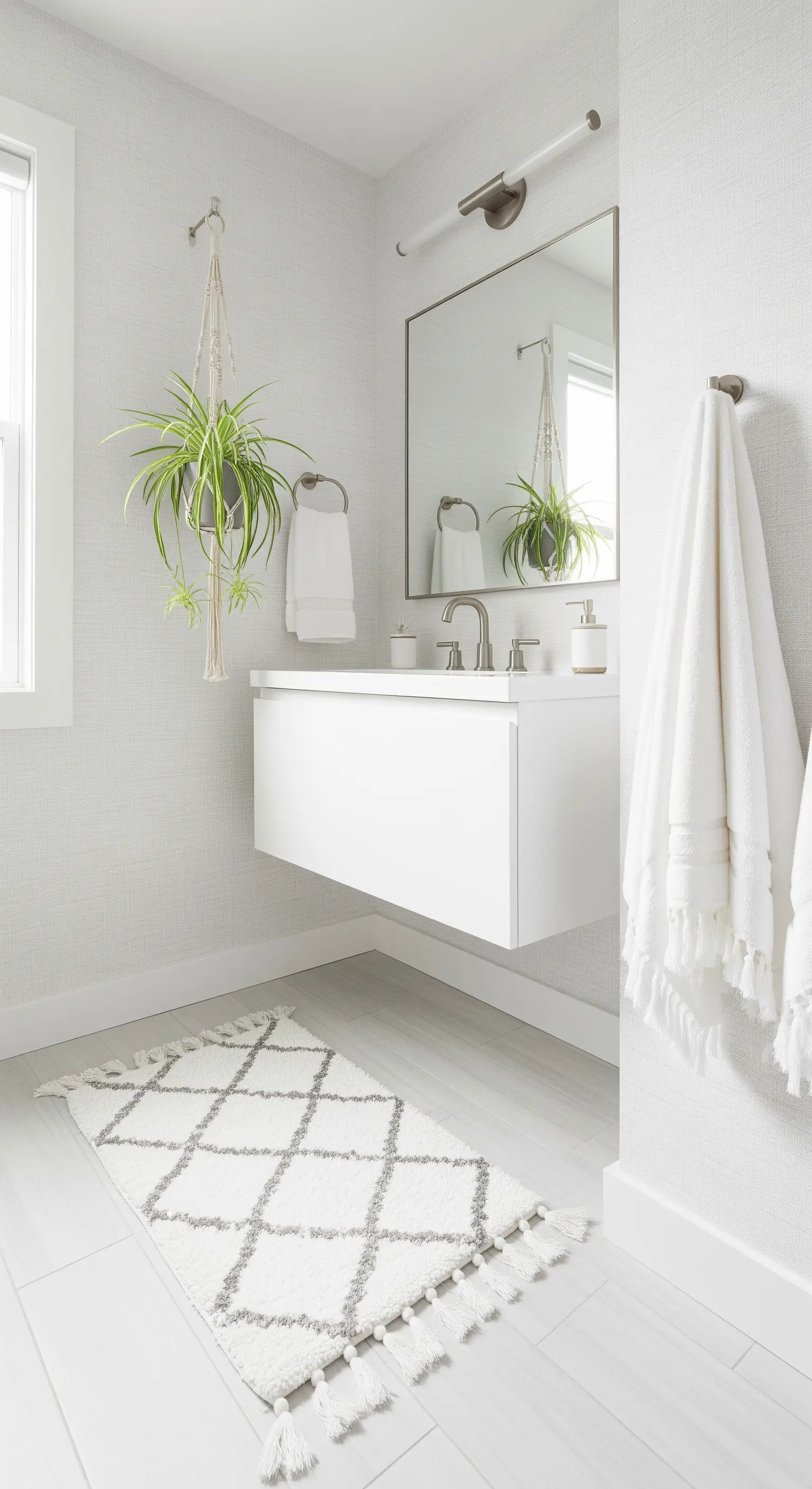 Helles, minimalistisches Badezimmer mit weißem Waschtisch und Berberteppich.