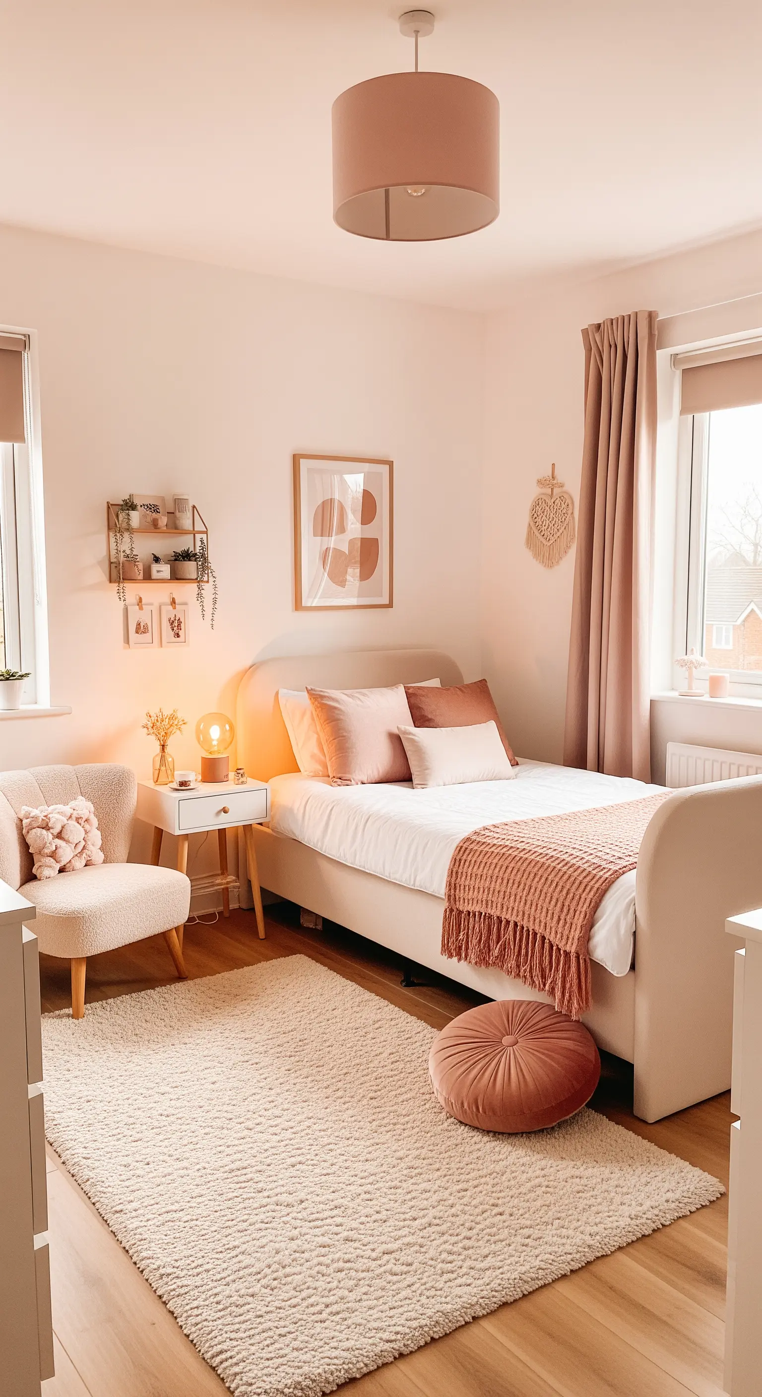 Harmonisches Schlafzimmer in verschiedenen Rosé- und Pudertönen mit weichen Texturen.