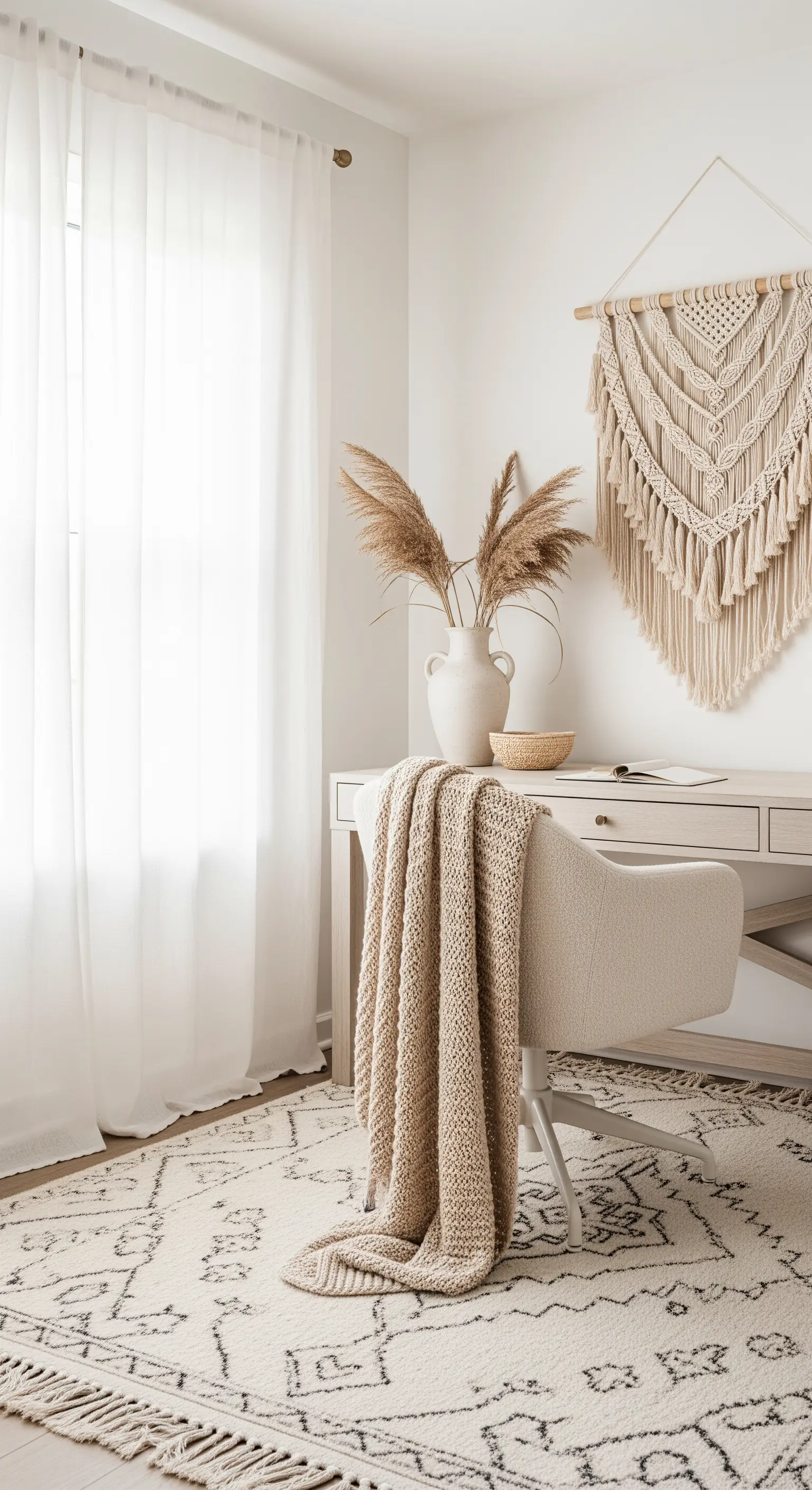 Helles, neutrales Homeoffice in Beigetönen mit Berberteppich, Strickdecke und Makramee.