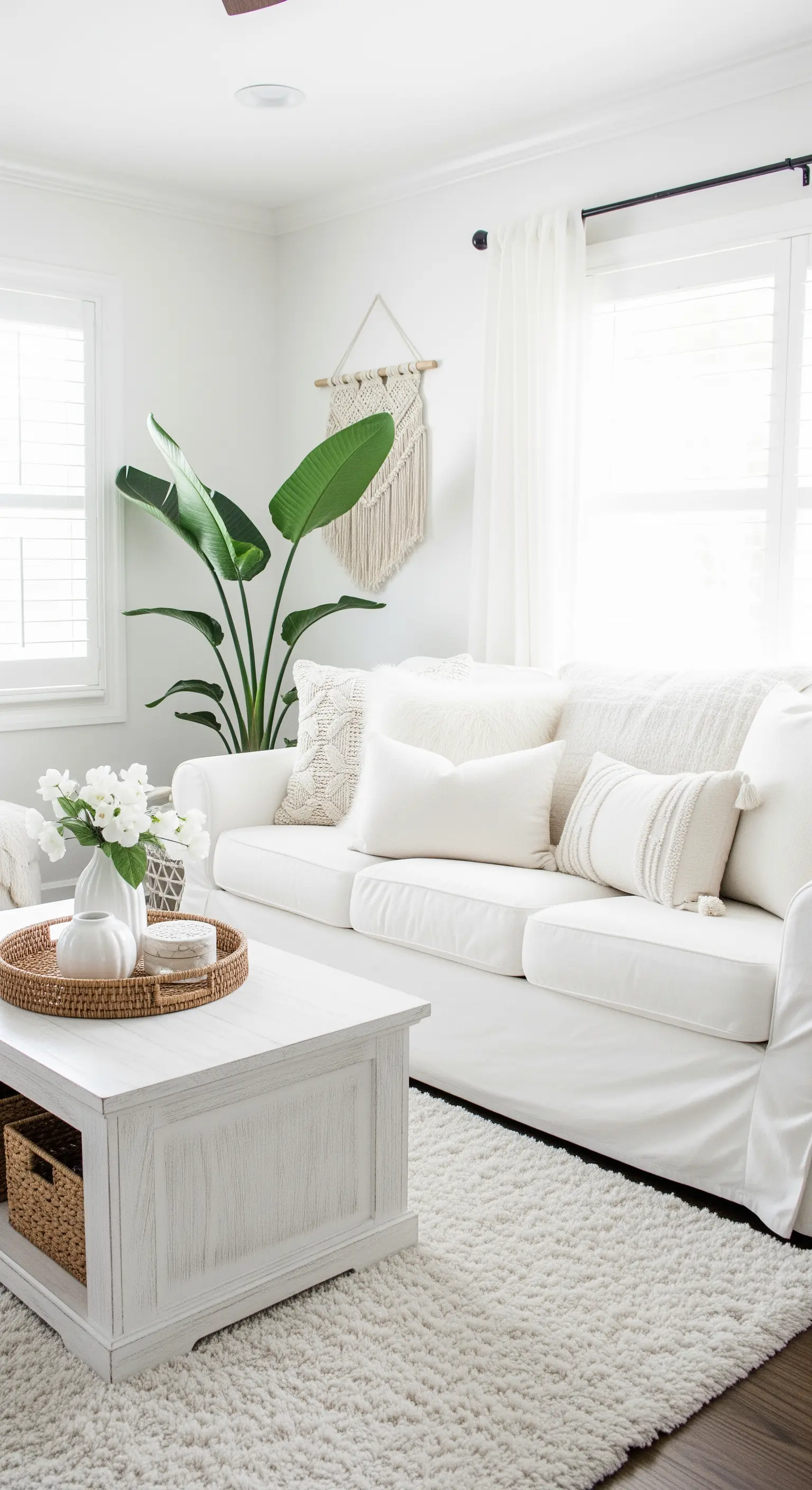 Helles, weißes Wohnzimmer mit Möbeln und Deko in unterschiedlichen weißen Texturen.
