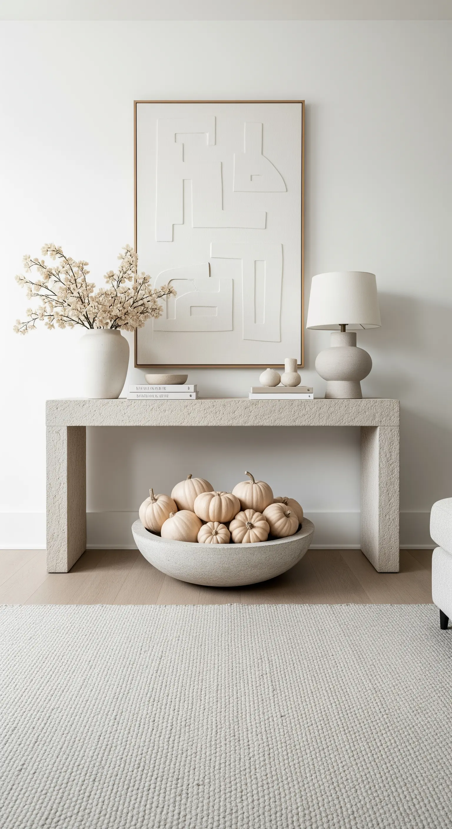 Steinkonsole mit einer großen Steinschale voller beiger Kürbisse.