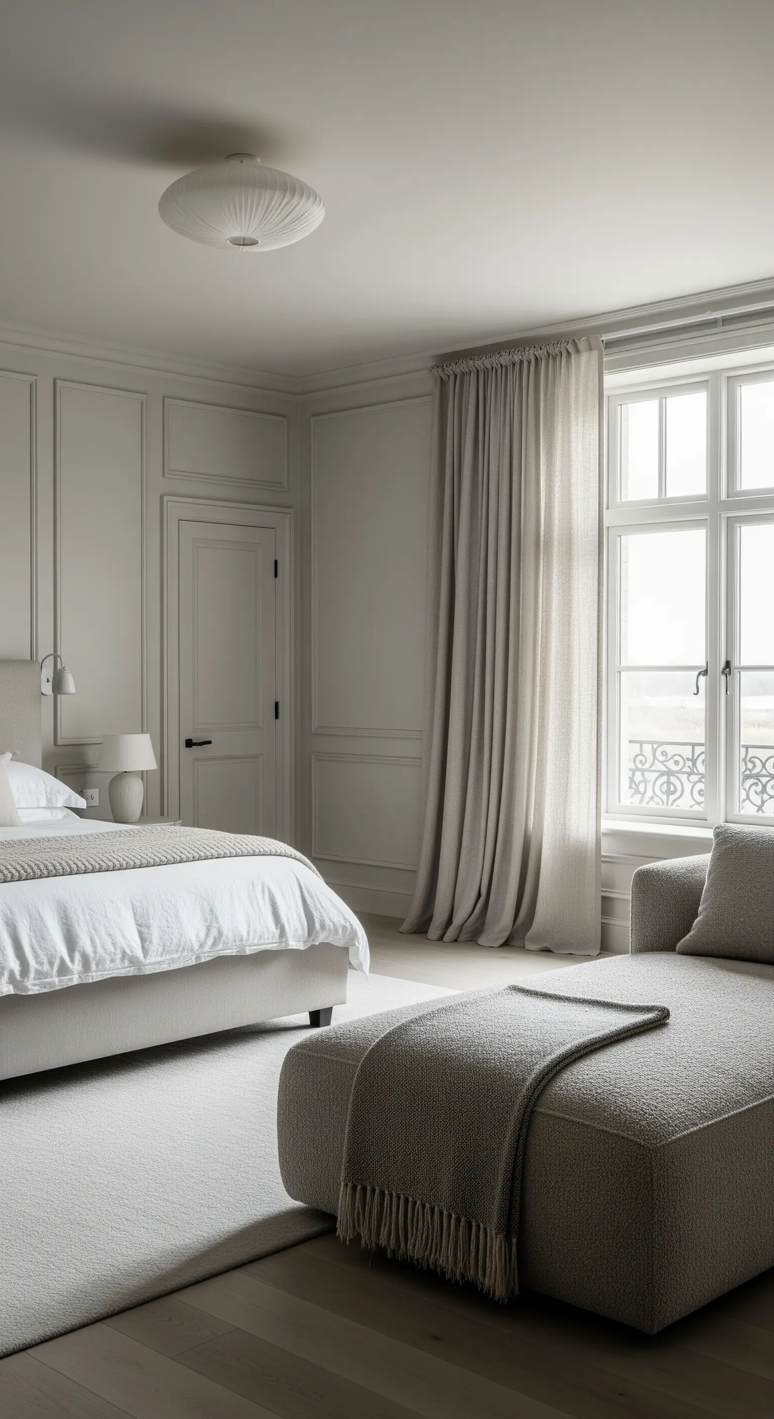 Helles, neutrales Schlafzimmer mit einer bequemen Chaiselongue in Greige am Fenster.