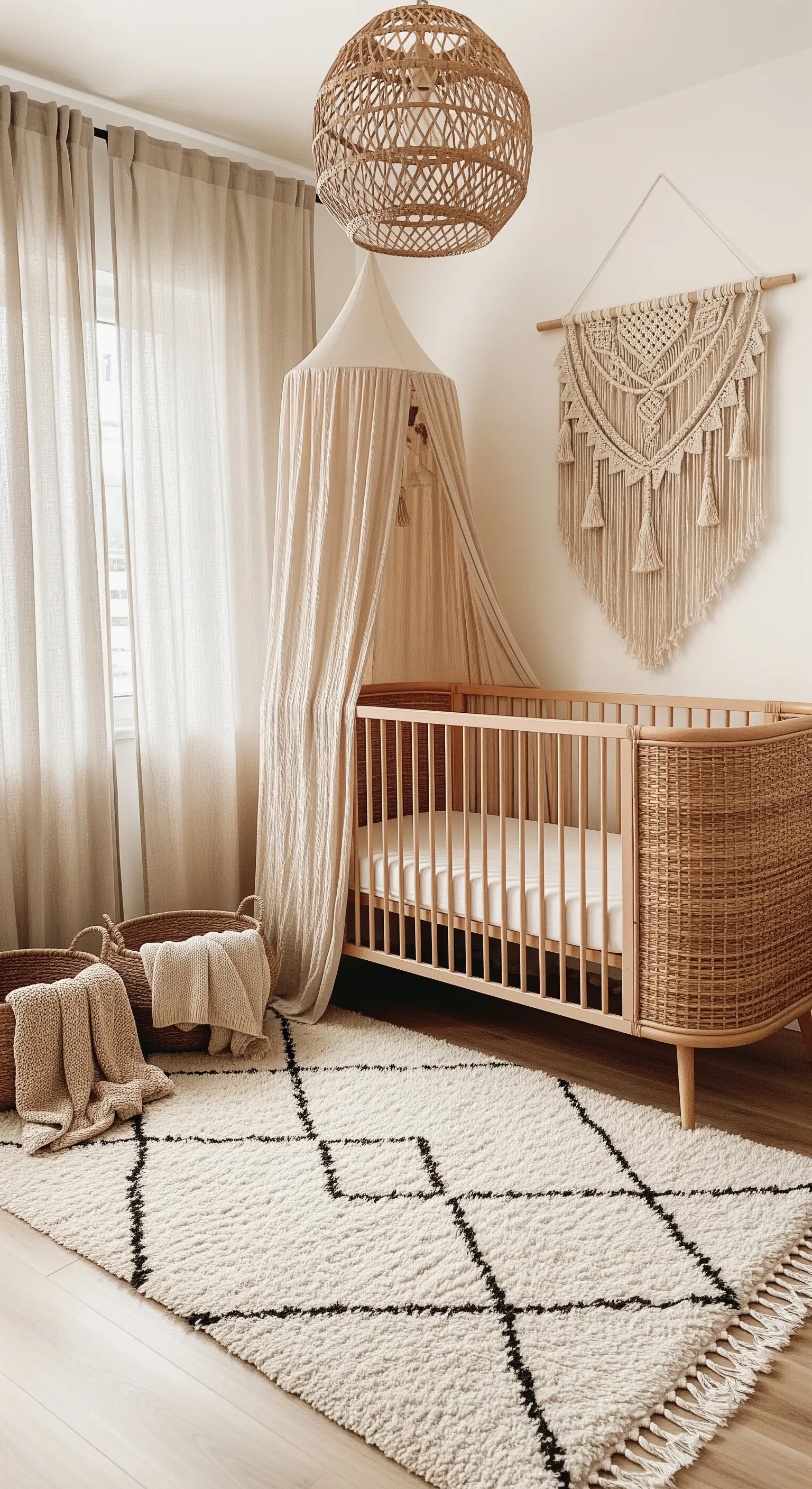 Neutrales Boho-Kinderzimmer mit Rattan-Babybett, Makramee und Betthimmel.