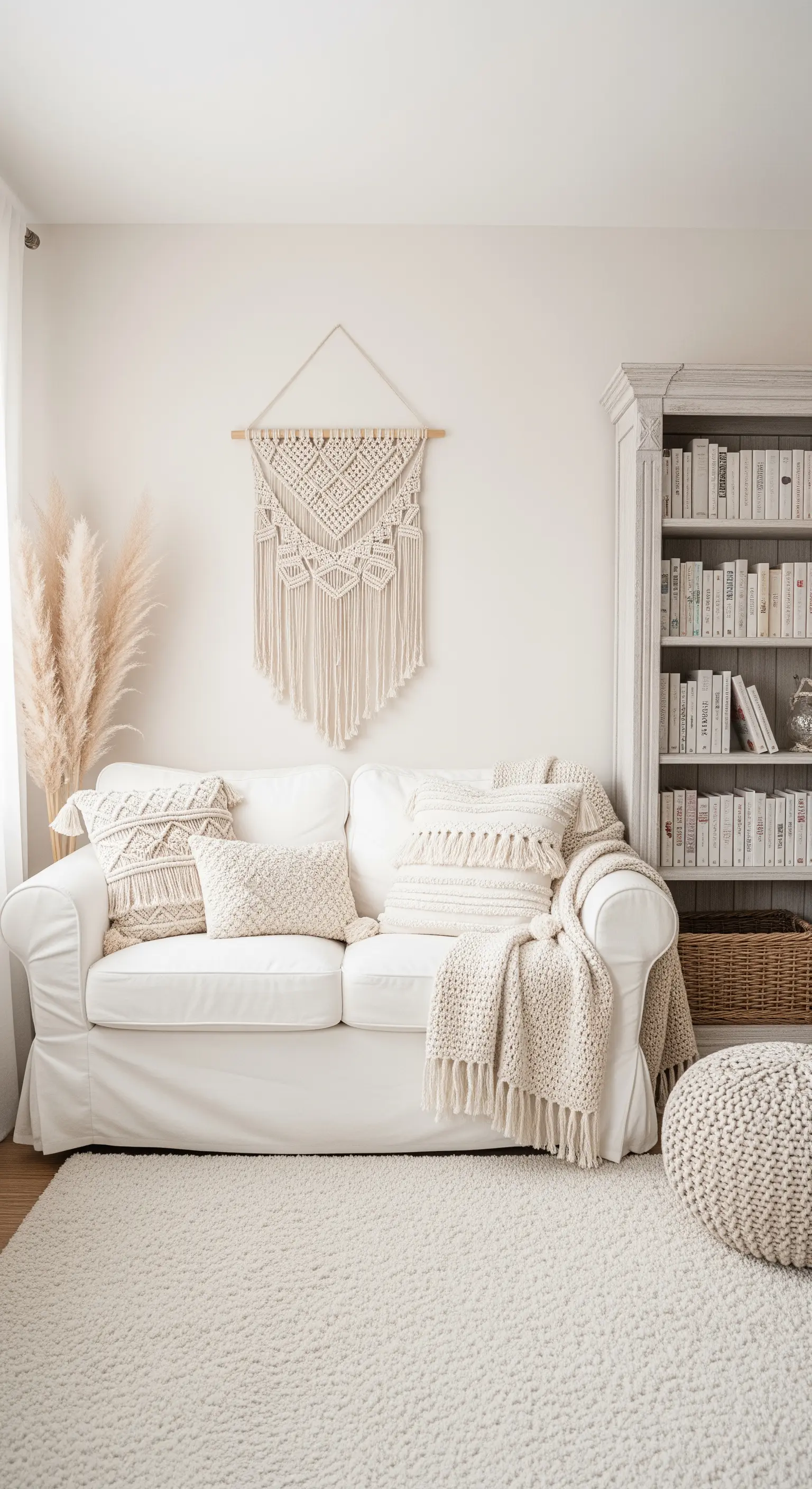 Helle, monochrome Leseecke mit weißem Sofa, vielen texturierten Kissen und Makramee.