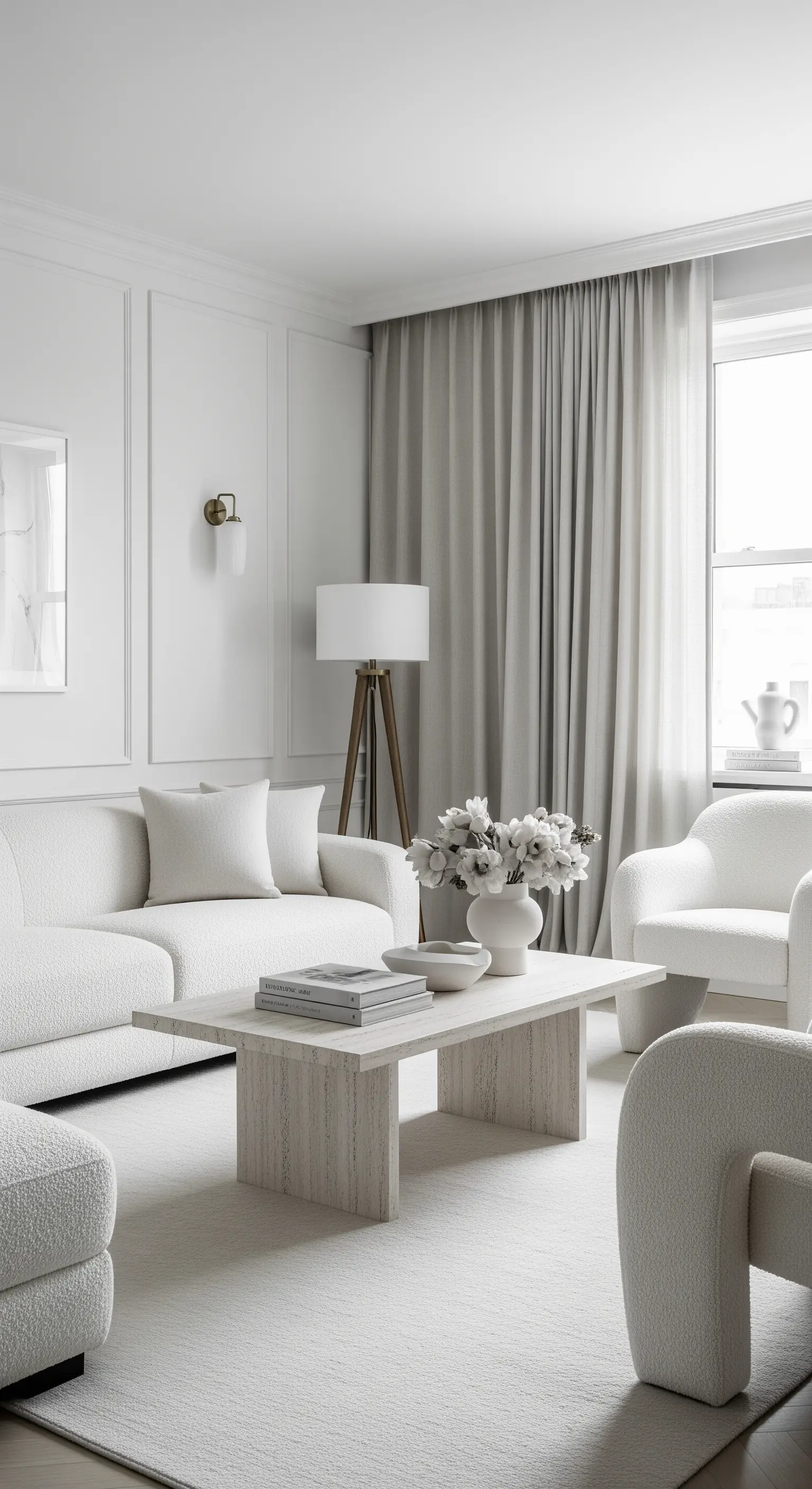 Helles, minimalistisches Wohnzimmer komplett in Weiß- und Cremetönen.