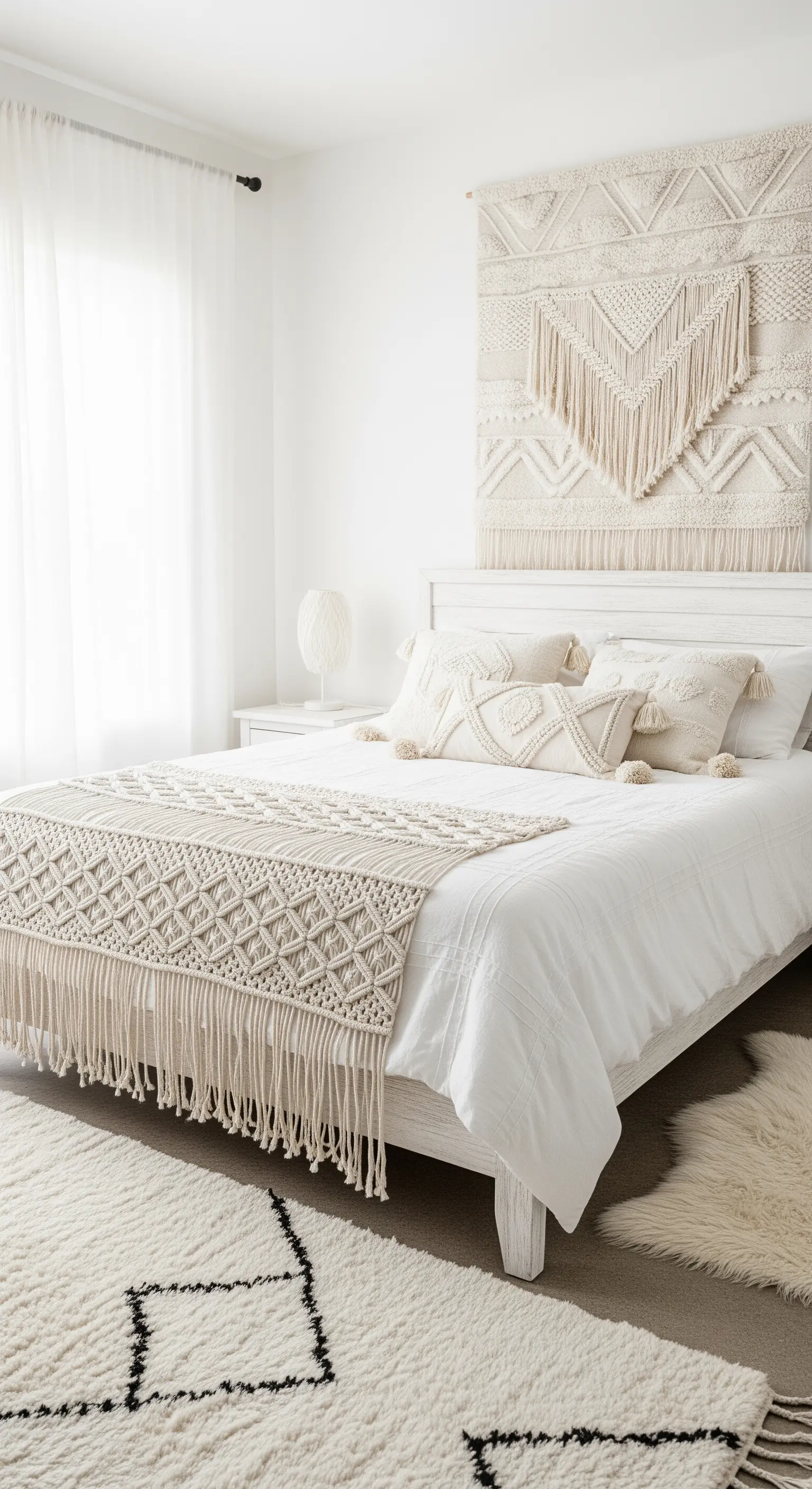 Monochromes Boho-Schlafzimmer in Weiß und Creme mit viel Makramee und texturierten Stoffen.