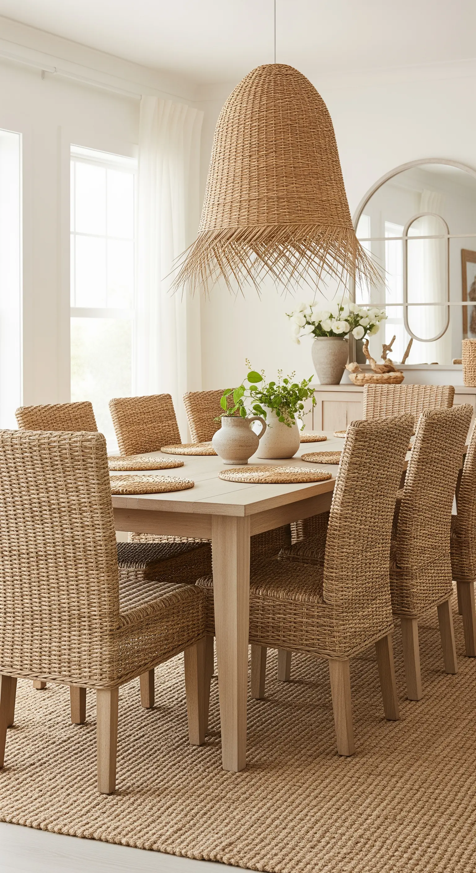 Heller Essbereich mit Korbstühlen, Jute-Teppich und einer großen Rattan-Lampe.
