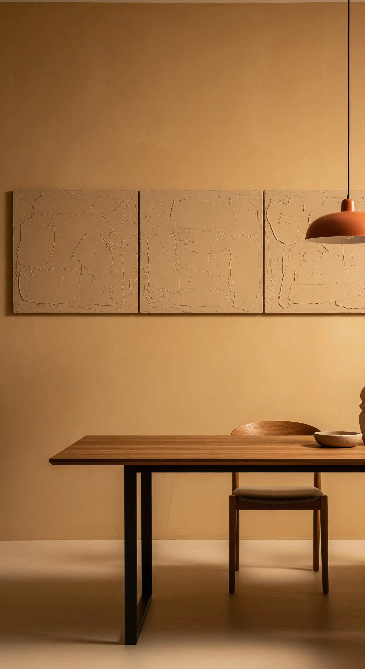 Strukturiertes, beigefarbenes Triptychon an einer ockerfarbenen Wand im Essbereich.