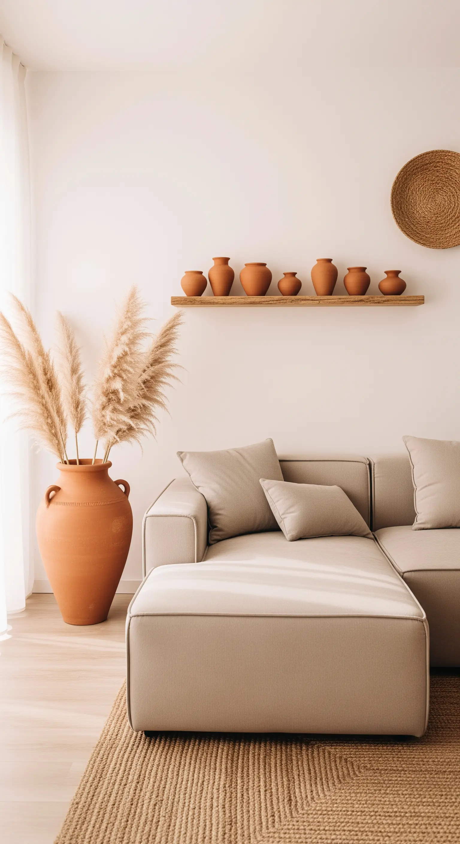 Pampasgras in einer großen Terrakotta-Vase neben einem beigen Sofa.