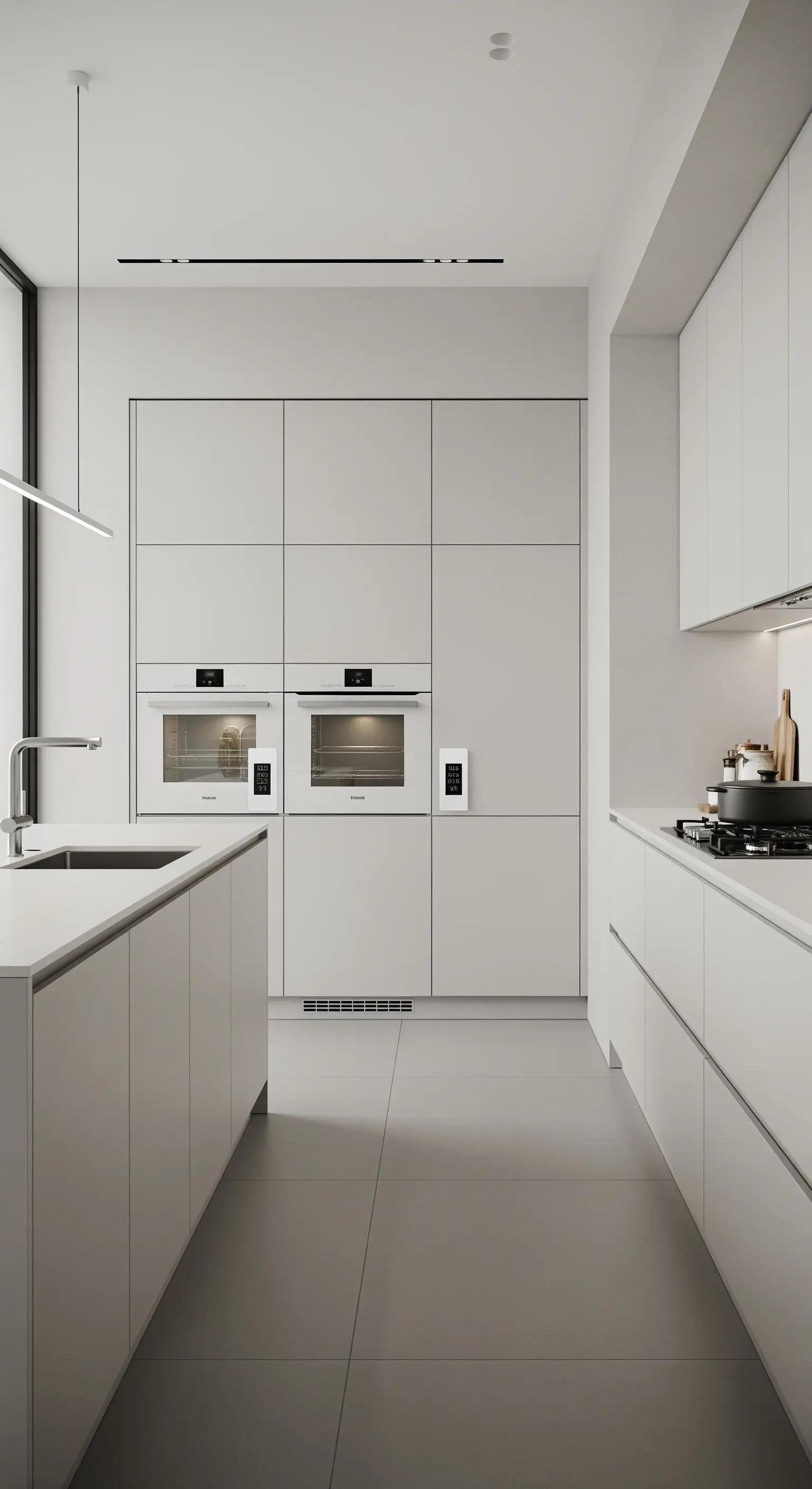 Ultra-minimalistische weiße Küche mit perfekt integrierten weißen Einbaugeräten