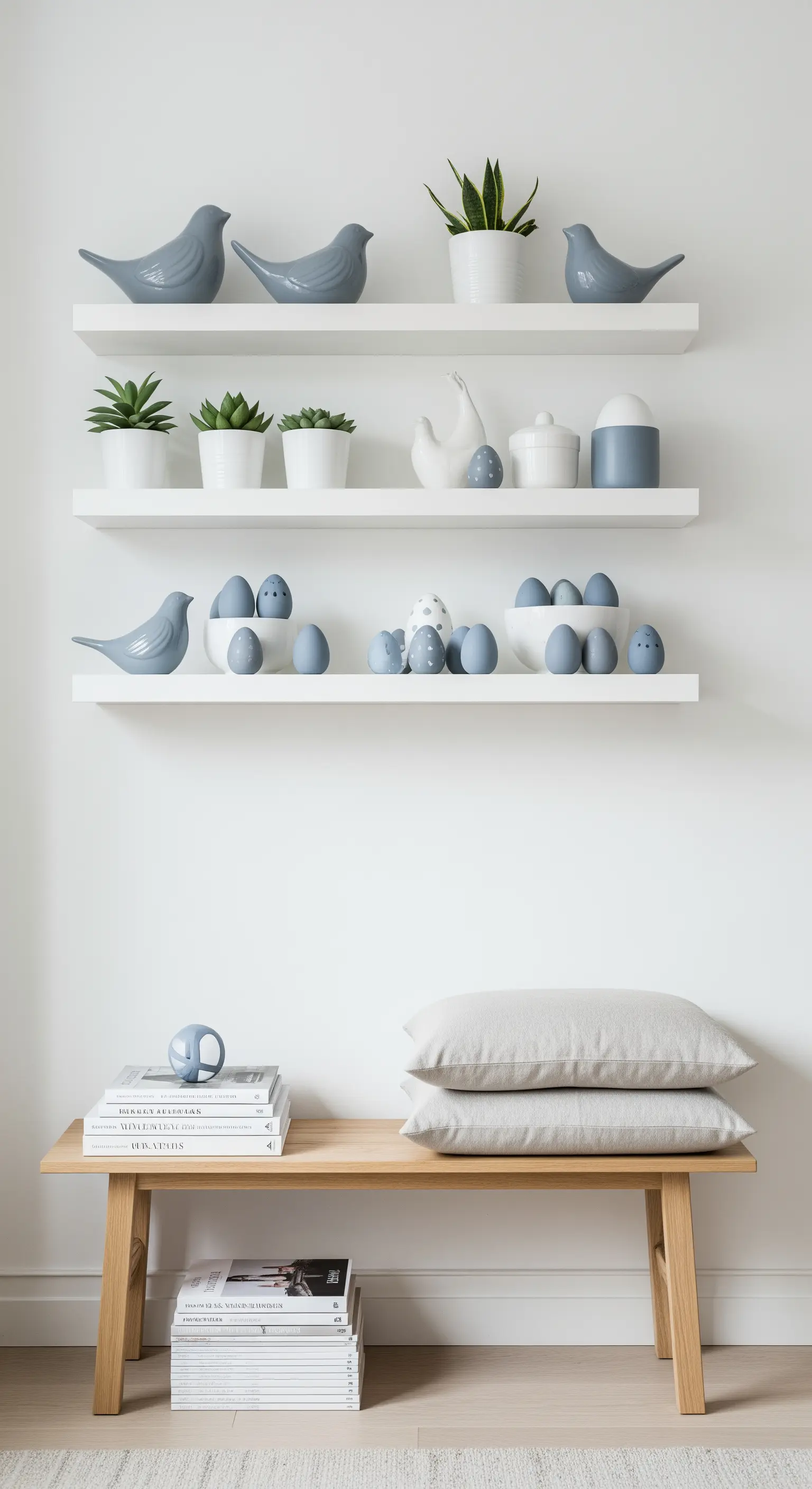 Weiße Wandregale mit Deko in Blaugrau- und Weißtönen, darunter Vögel, Eier und Sukkulenten.