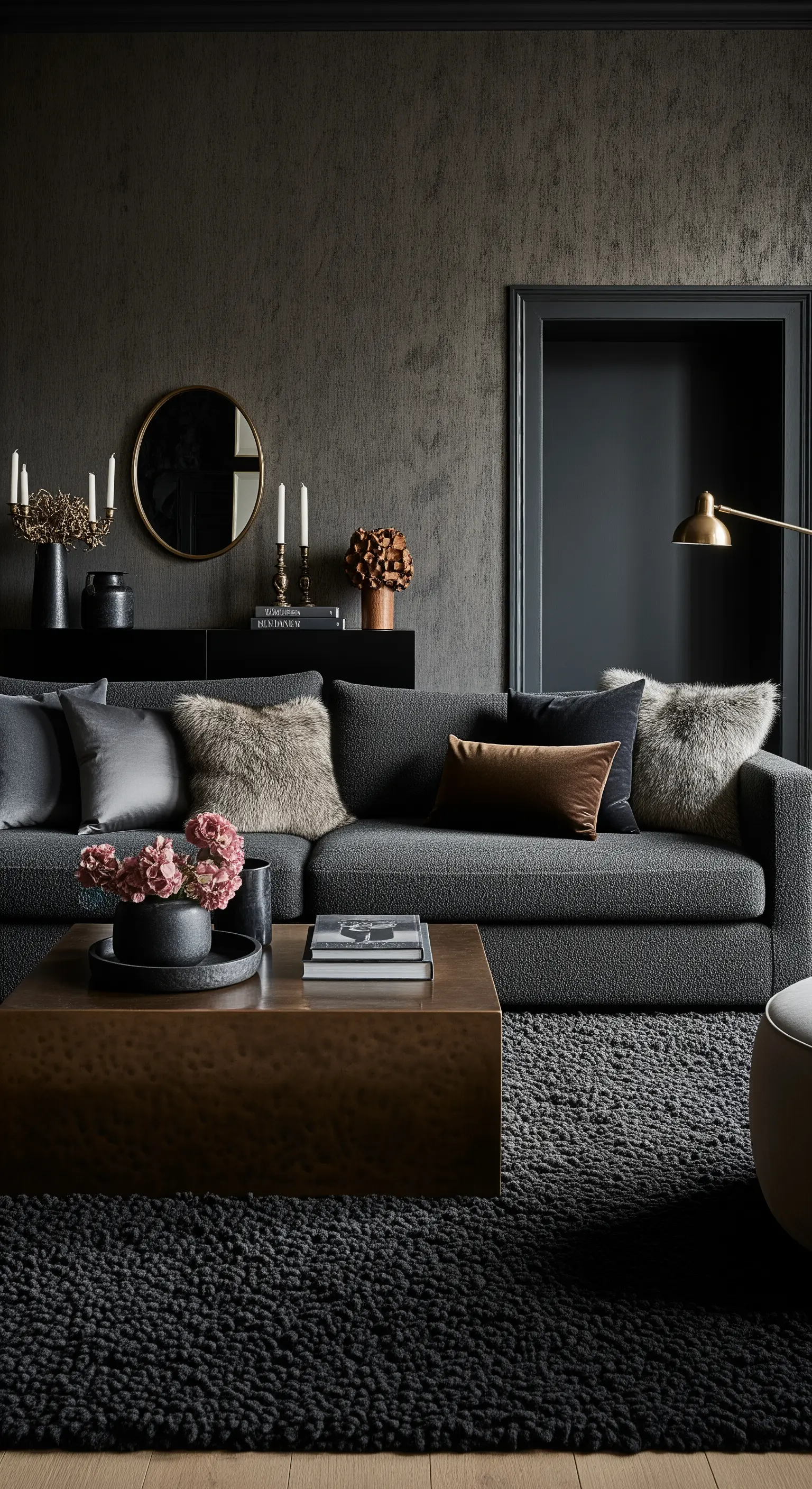 Gemütliches Wohnzimmer mit grauem Bouclé-Sofa, flauschigem Teppich und Kissen in diversen Texturen.