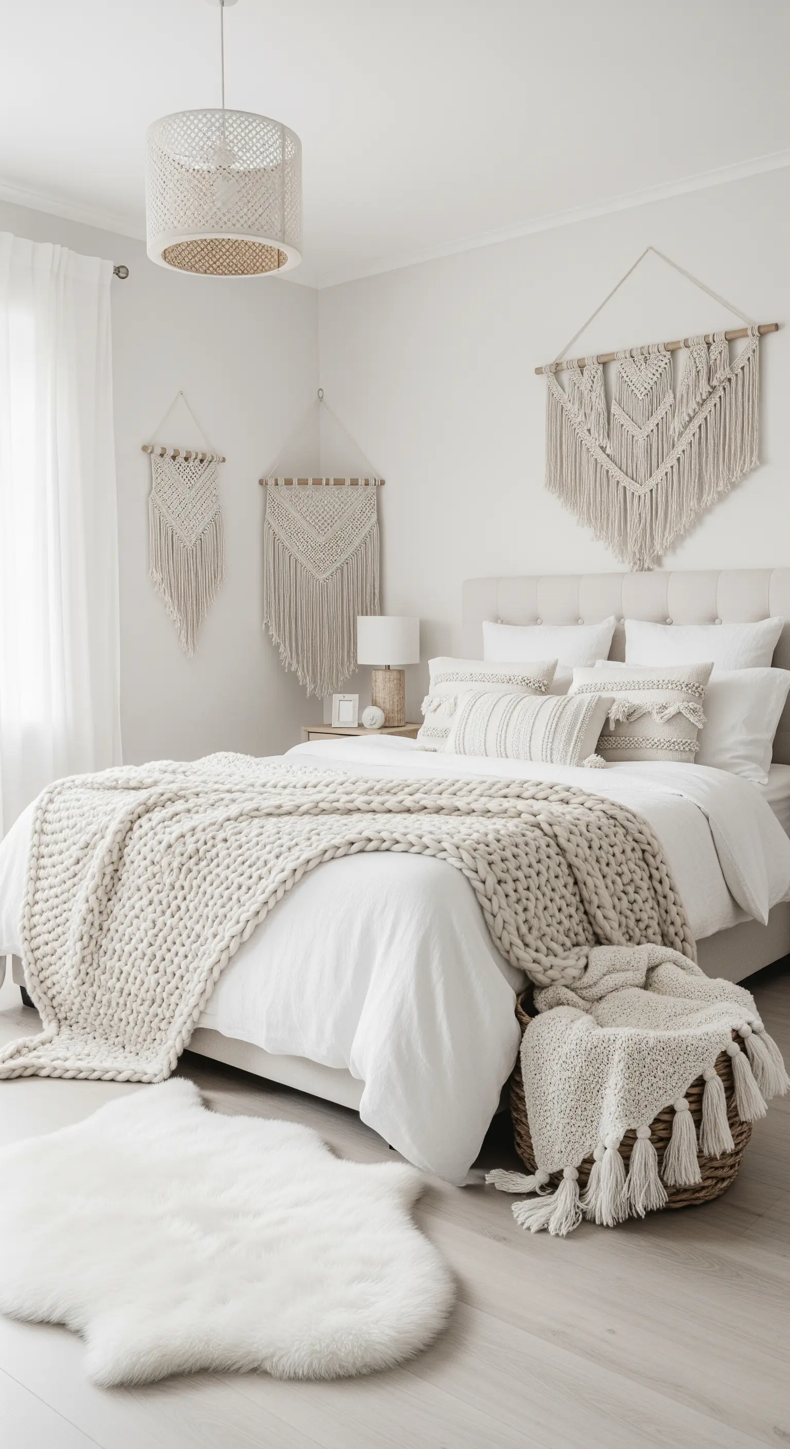 Helles Boho-Schlafzimmer mit vielen Texturen: Grobstrickdecke, Makramee und Lammfell.