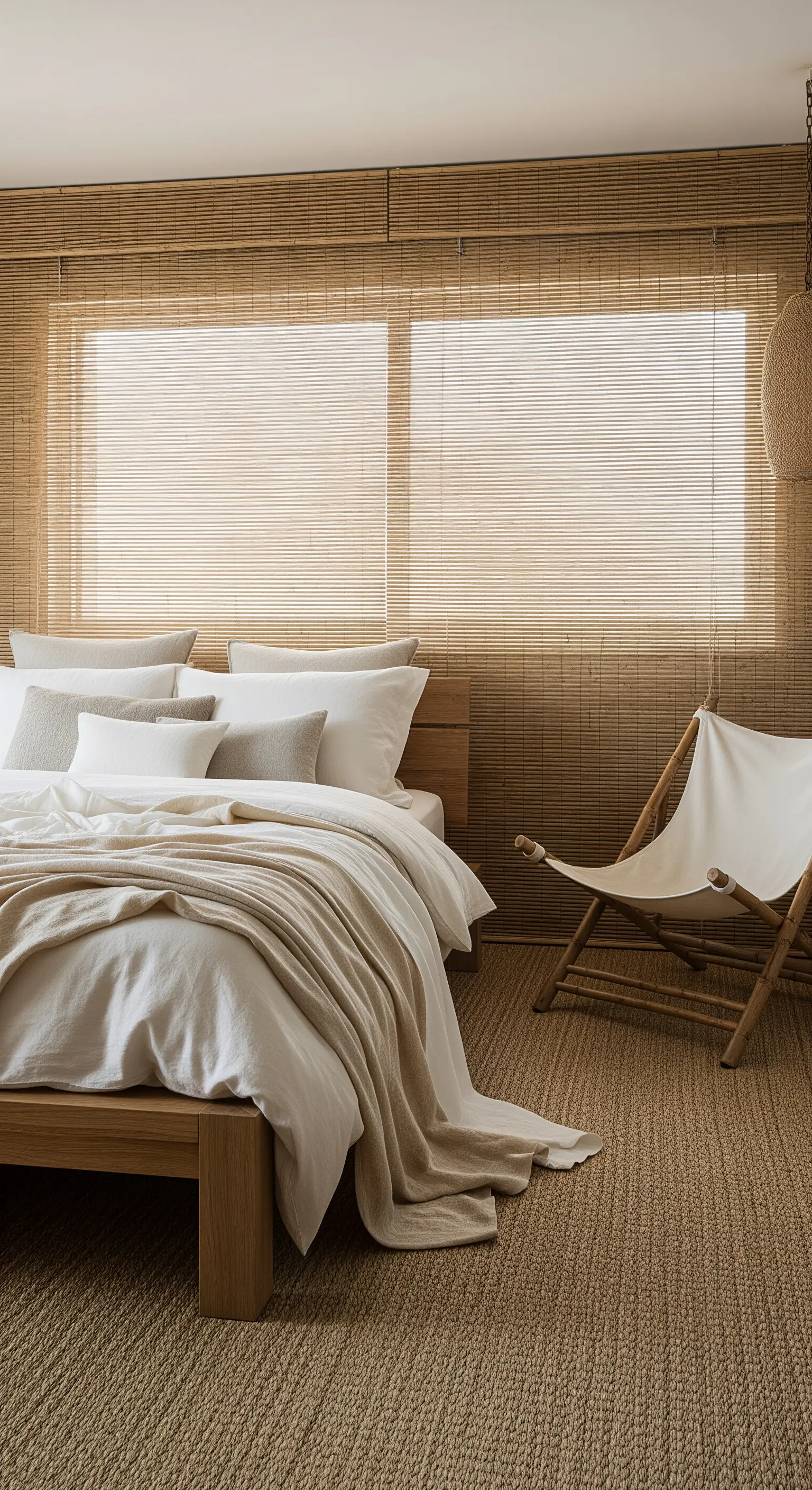 Schlafzimmer in Beigetönen mit Bambusrollos, Leinenbettwäsche und Sisalteppich.