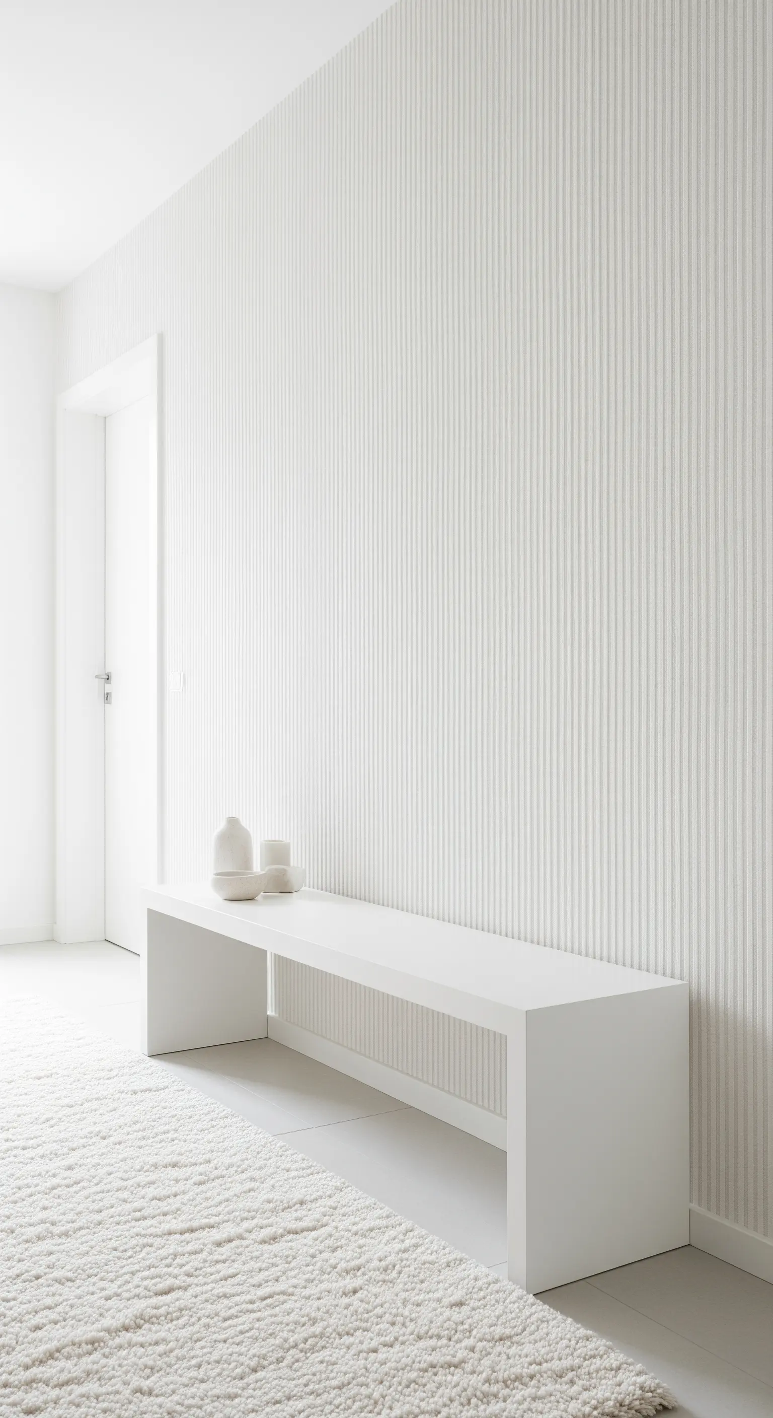 Weißer Flur mit einer gestreiften Tapete, einer weißen Bank und einem flauschigen Teppich.