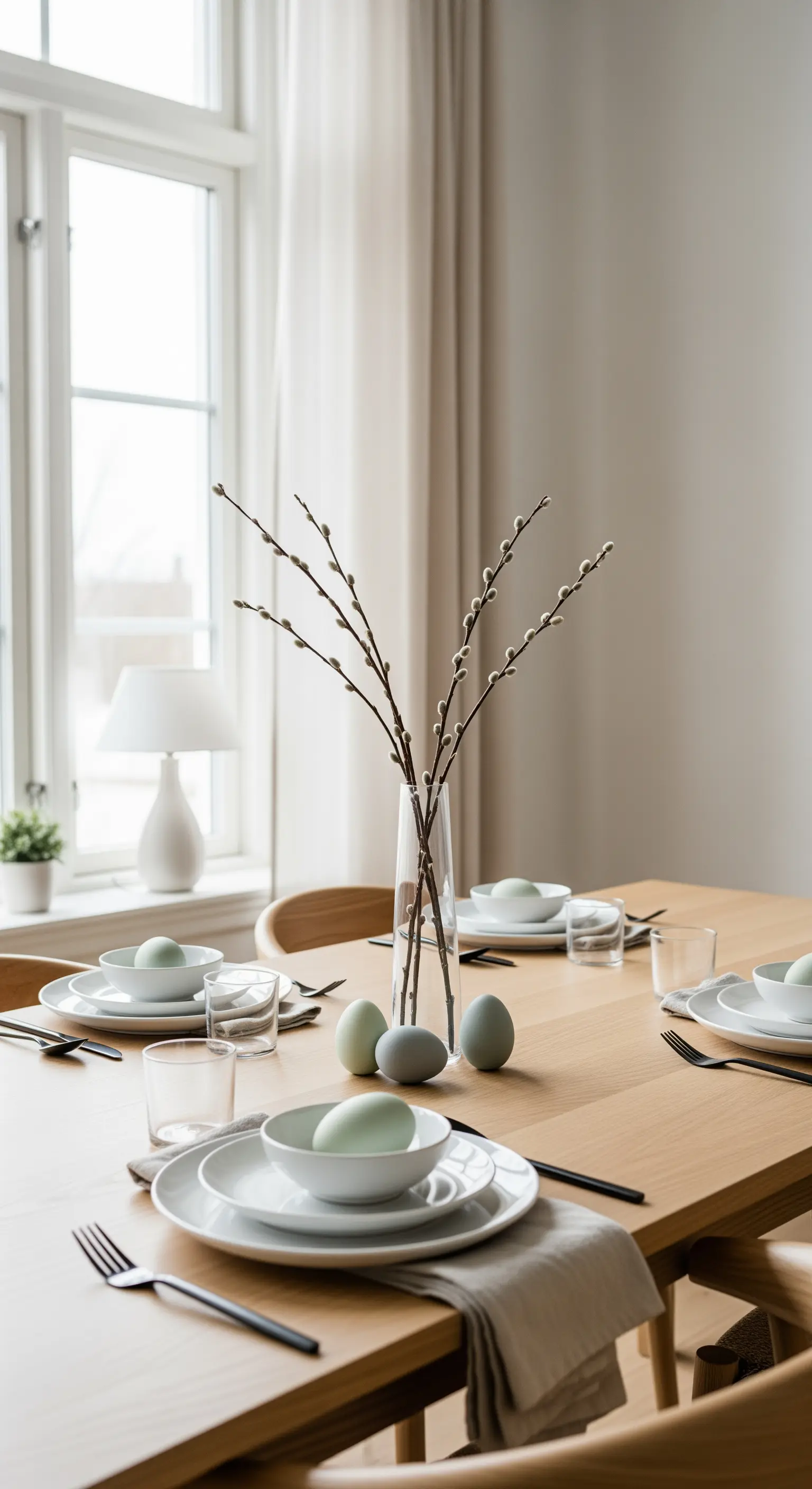 Minimalistische Ostertafel mit Weidenkätzchen in einer Glasvase und salbeigrünen Eiern