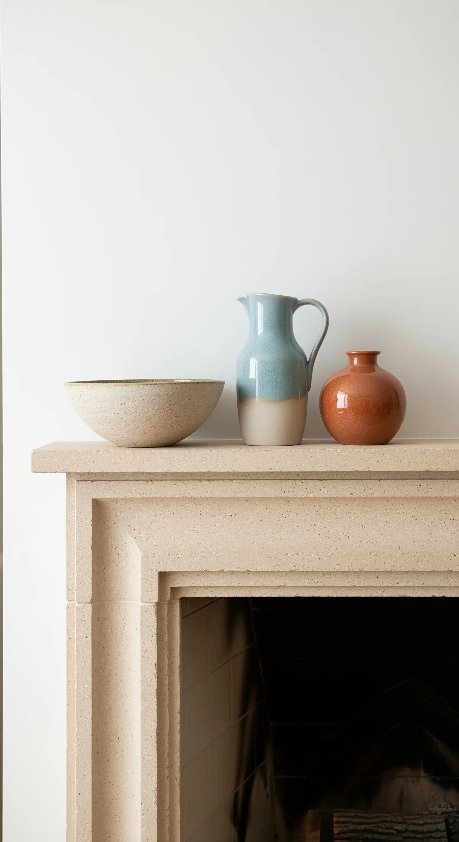 Arrangement aus handgemachter Keramik in Erd- und Blautönen auf einem Kamin.