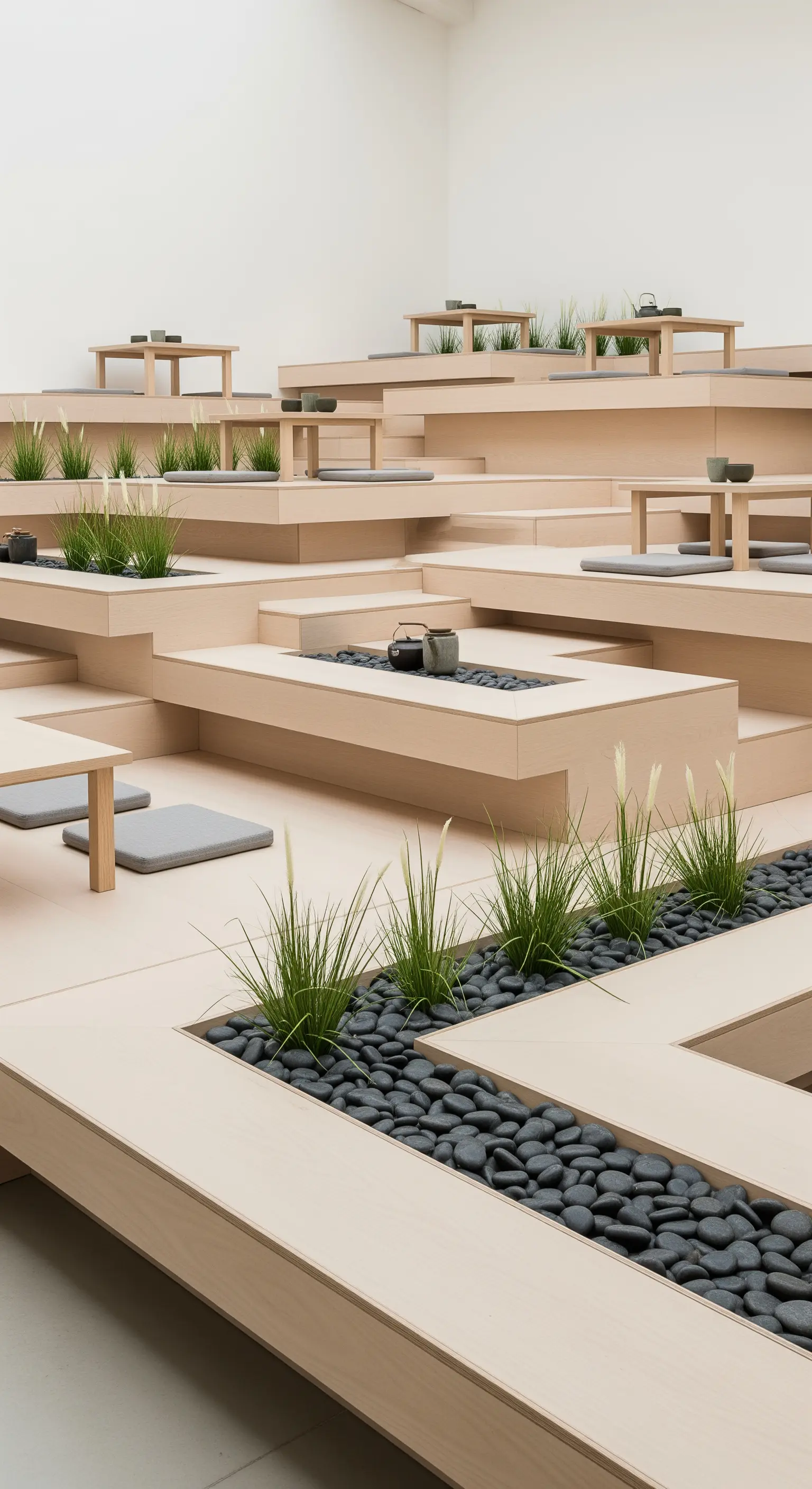 Moderne, mehrstufige Sitzlandschaft aus hellem Holz mit integrierten Kieselbeeten