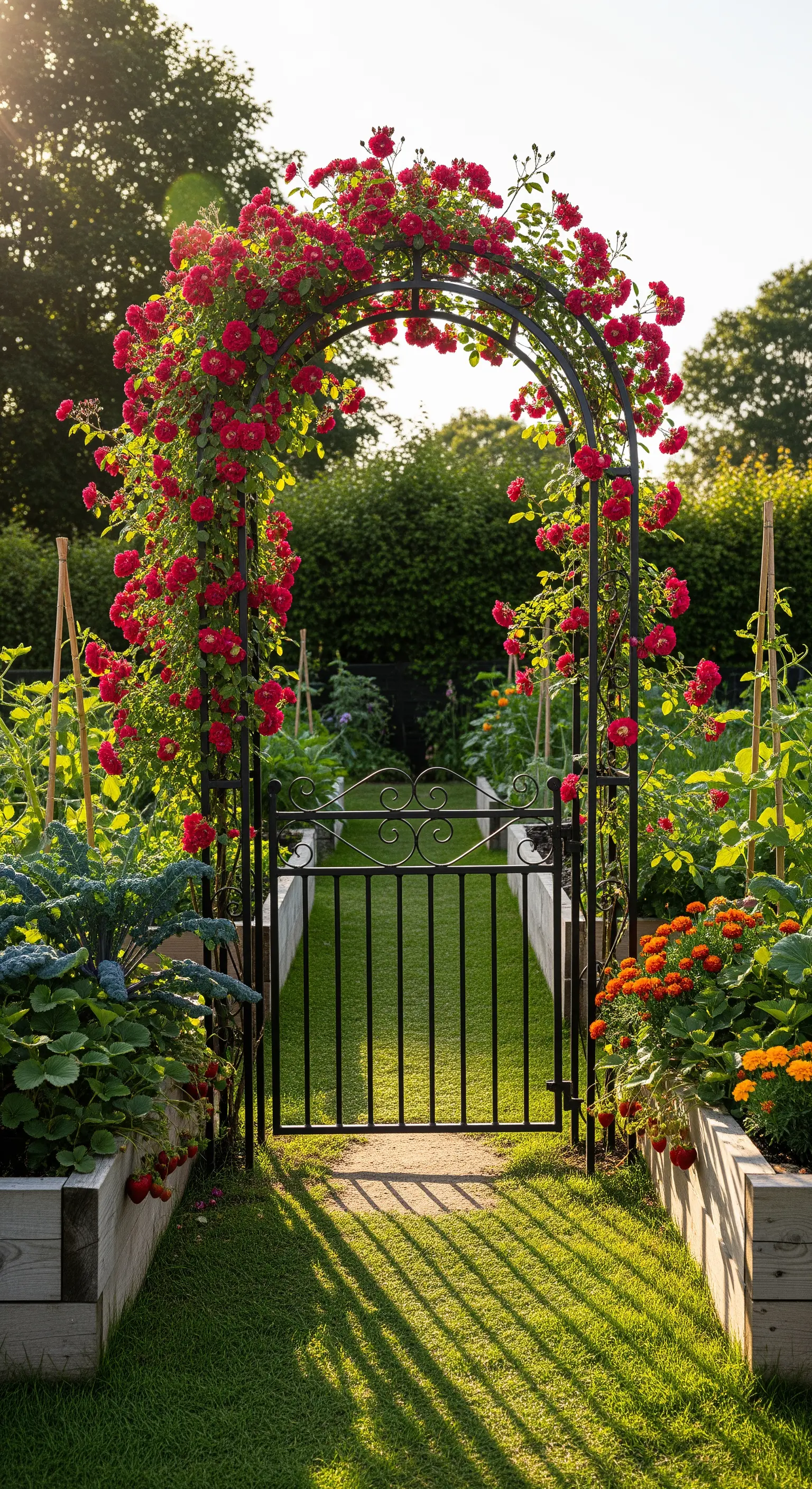 Schwarzer Metalltorbogen mit roten Kletterrosen am Eingang zu einem Gemüsegarten mit Hochbeeten