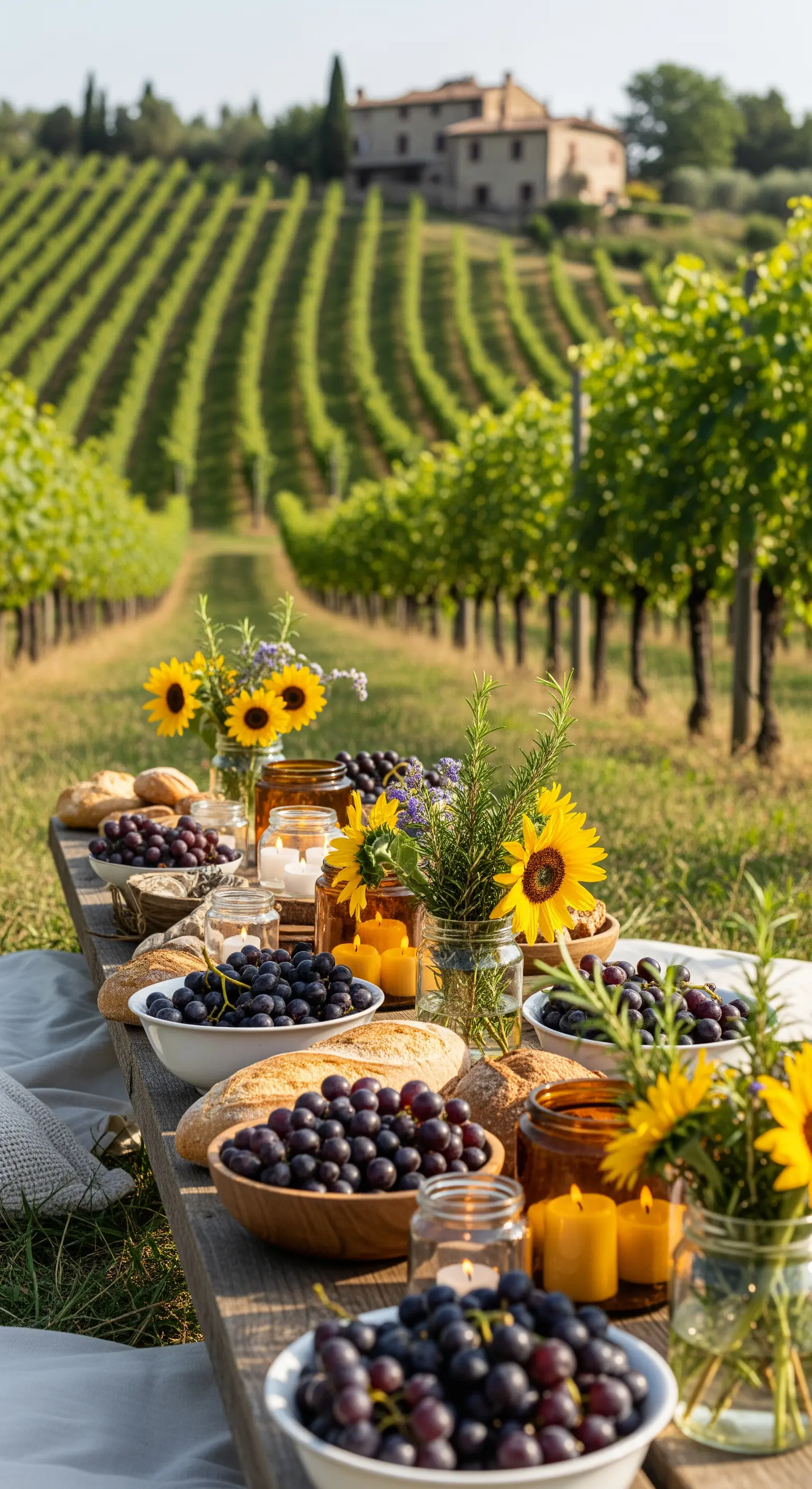 Rustikaler Tisch im Weinberg mit Sonnenblumen, Trauben, Brot und Kerzen in Gläsern.