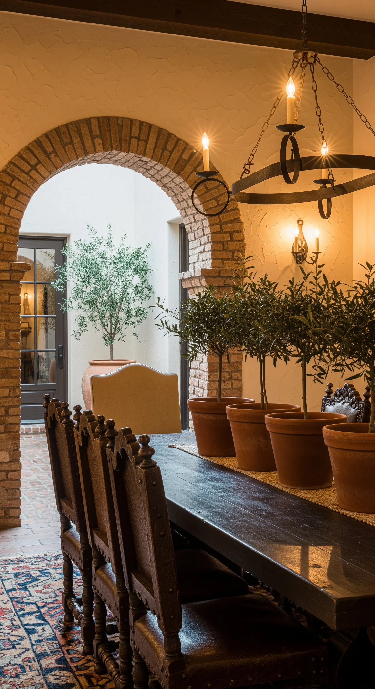 Langer Holztisch mit Olivenbäumen in Terrakottatöpfen als Dekoration.