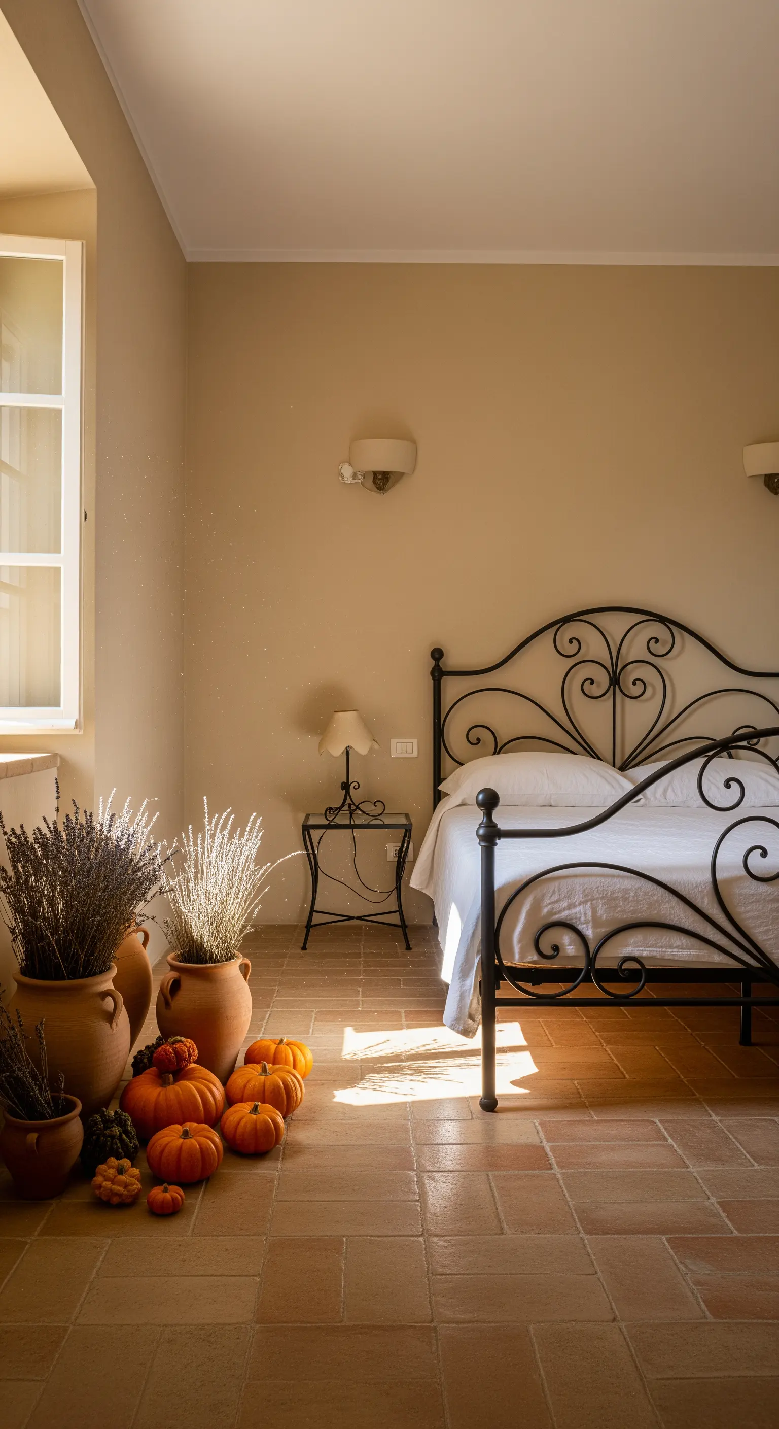 Terrakottatöpfe mit Lavendel und orangefarbene Kürbisse in mediterranem Schlafzimmer